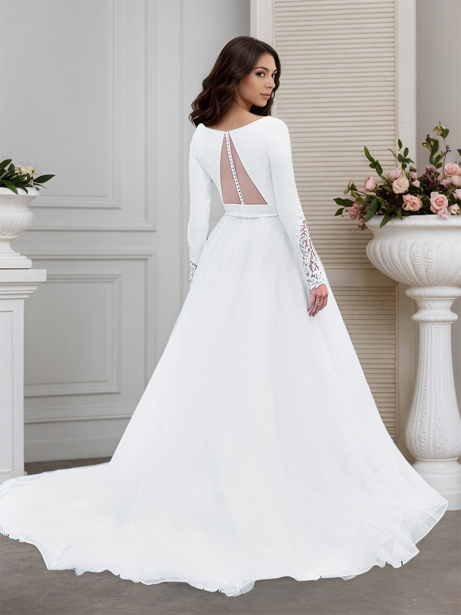 Cicinia Robe de Mariée A-Line en Tulle à Manches Longues Décolleté en V Plongeant Élégante