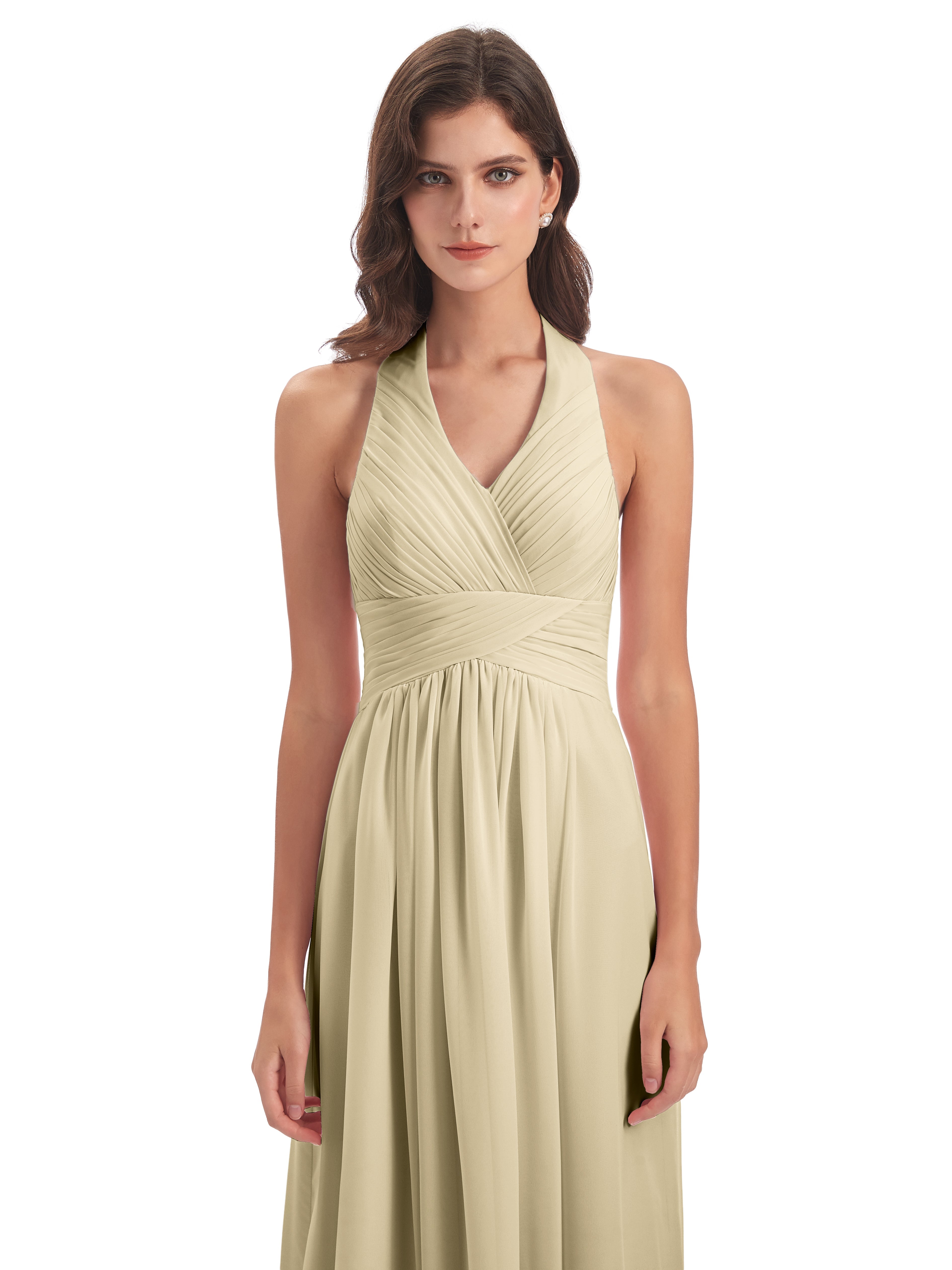 Robes De Demoiselle D'Honneur Champagne Longues Camila Licou Dos Nu Plis Robes Demoiselle D'Honneur