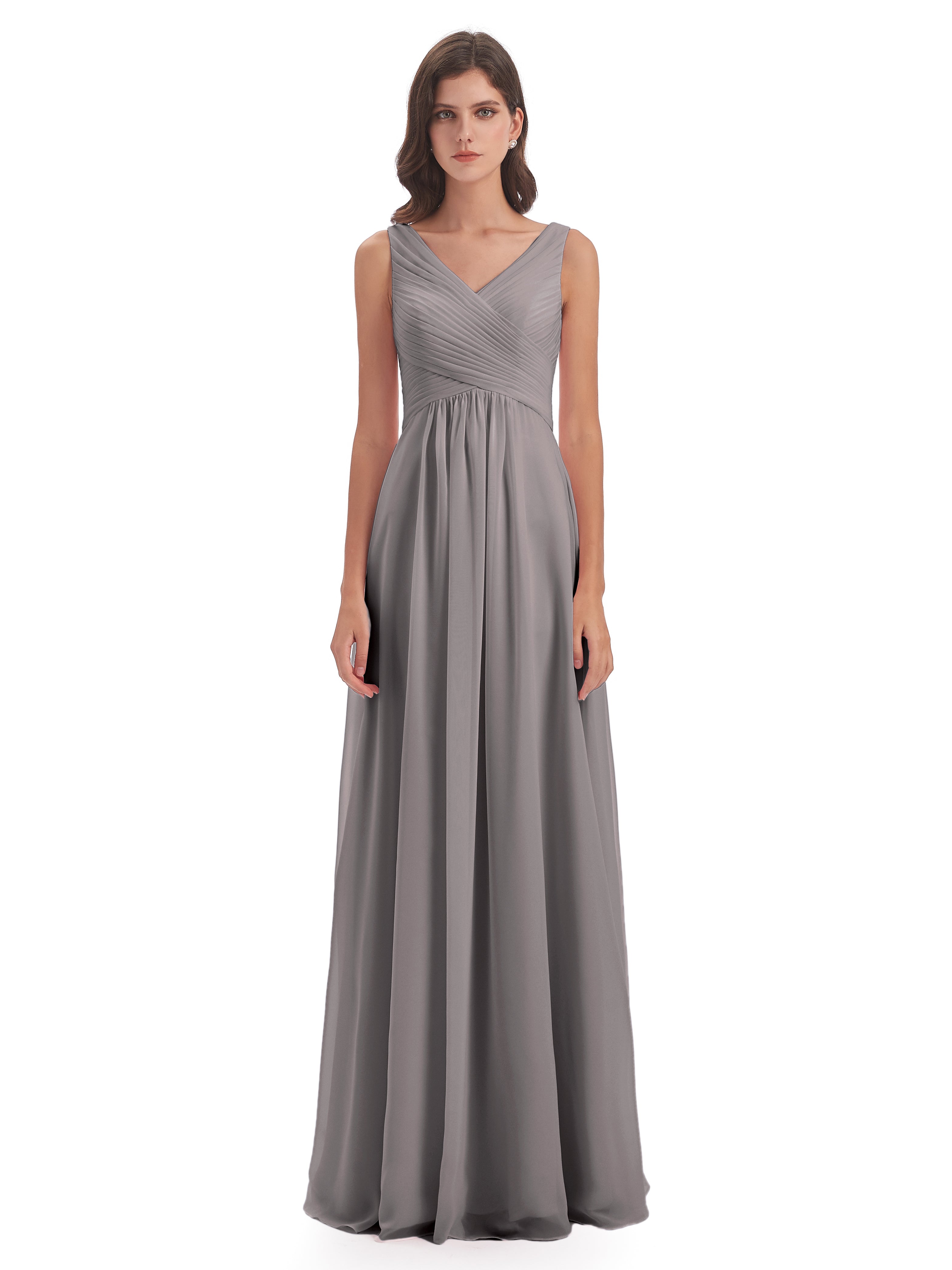 Robes De Demoiselle D'Honneur En Argent Col V Bretelle Mousseline Robes Demoiselle D'Honneur