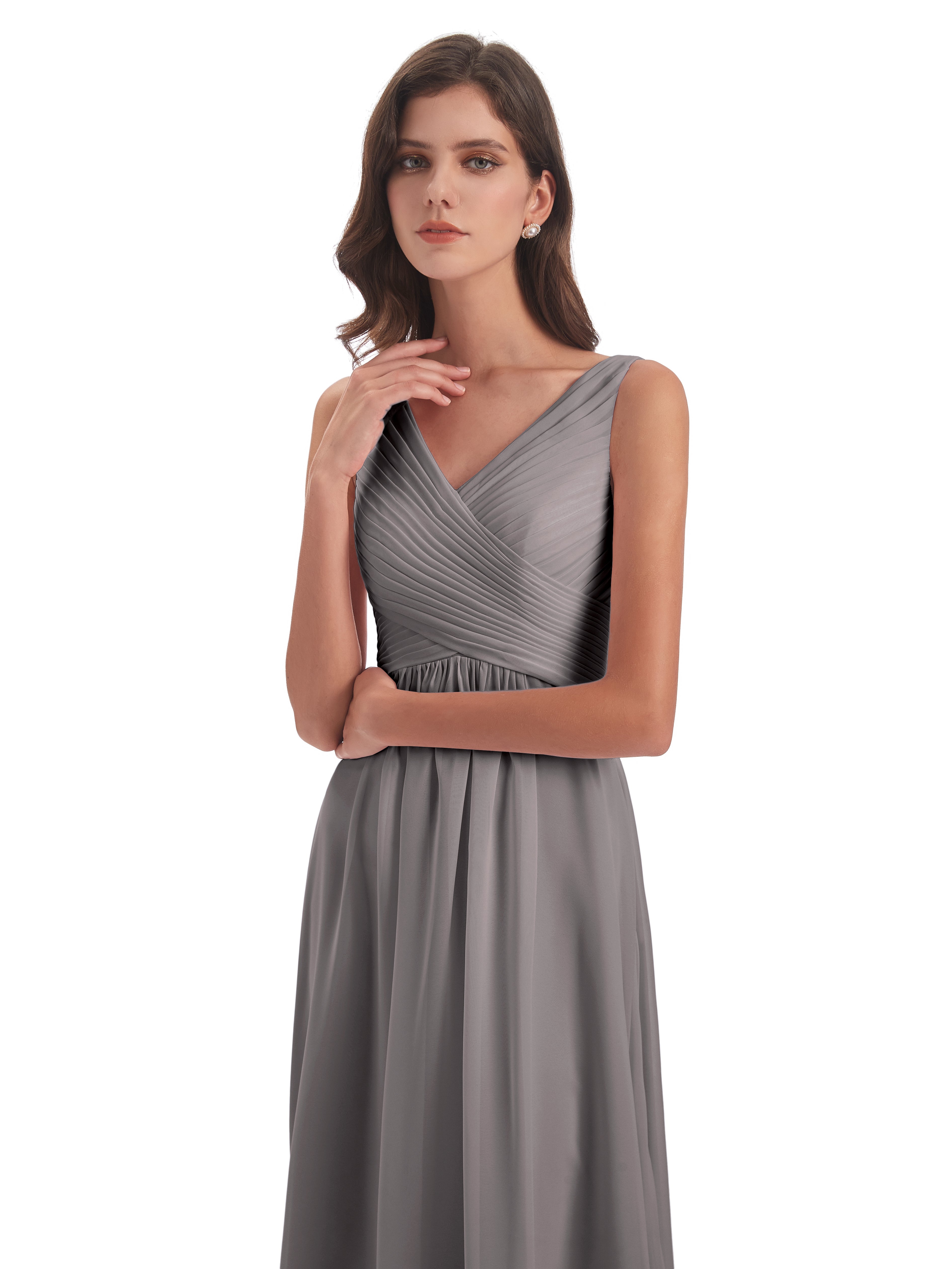 Robes De Demoiselle D'Honneur En Argent Col V Bretelle Mousseline Robes Demoiselle D'Honneur