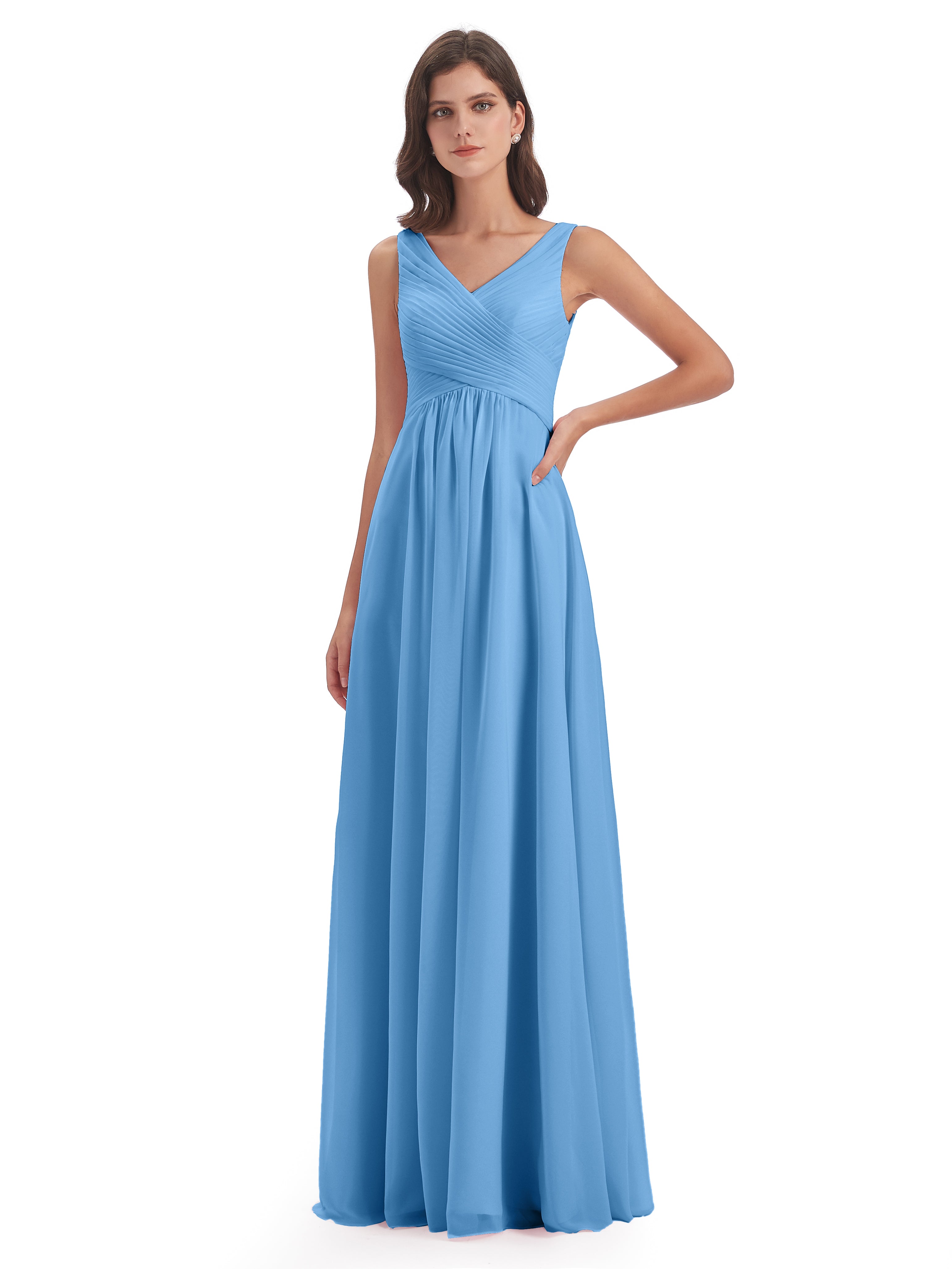 Demoiselle D Honneur Robe Bleu Col V Bretelle Mousseline Robes Demoiselle D'Honneur