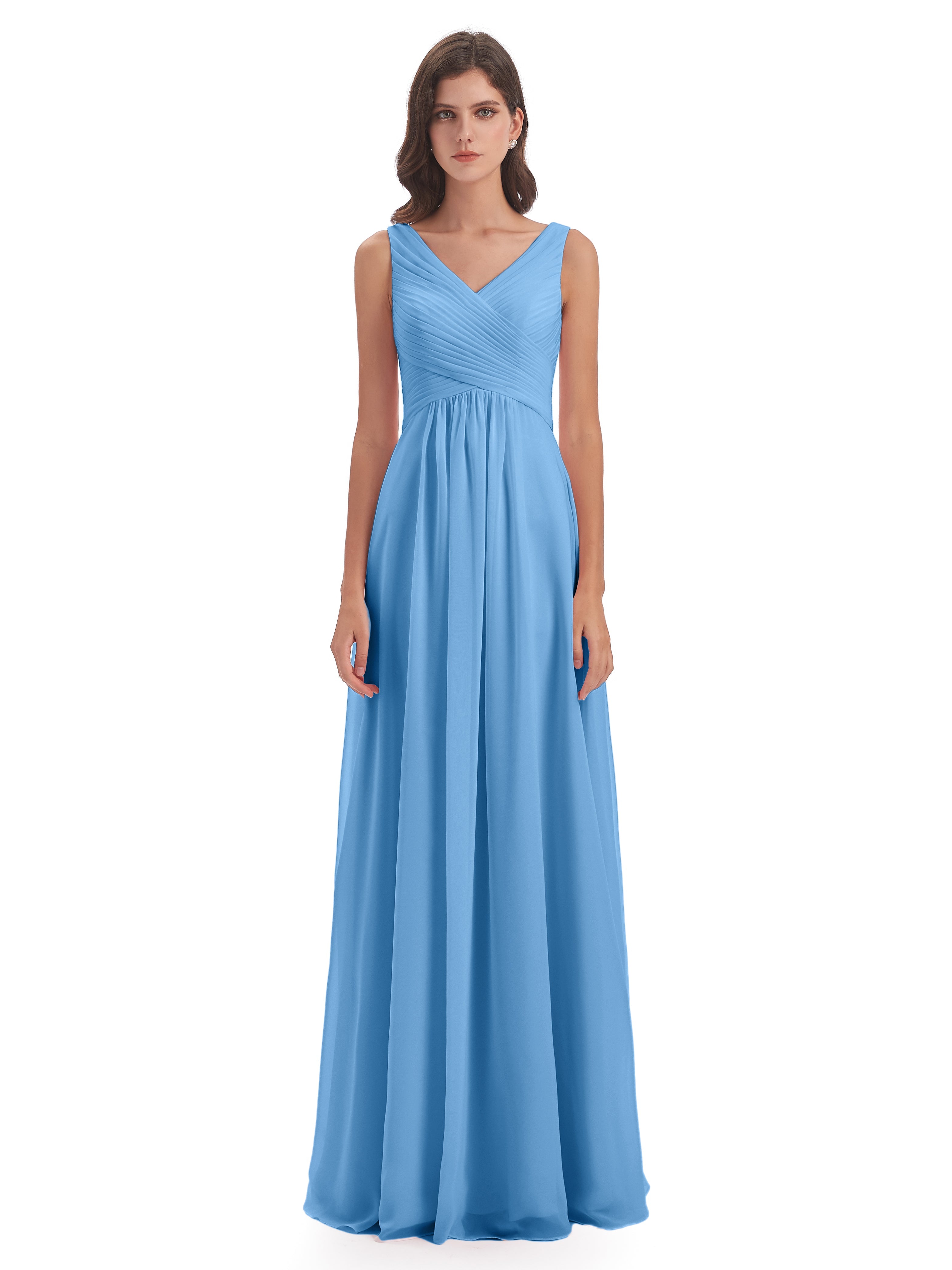 Demoiselle D Honneur Robe Bleu Col V Bretelle Mousseline Robes Demoiselle D'Honneur