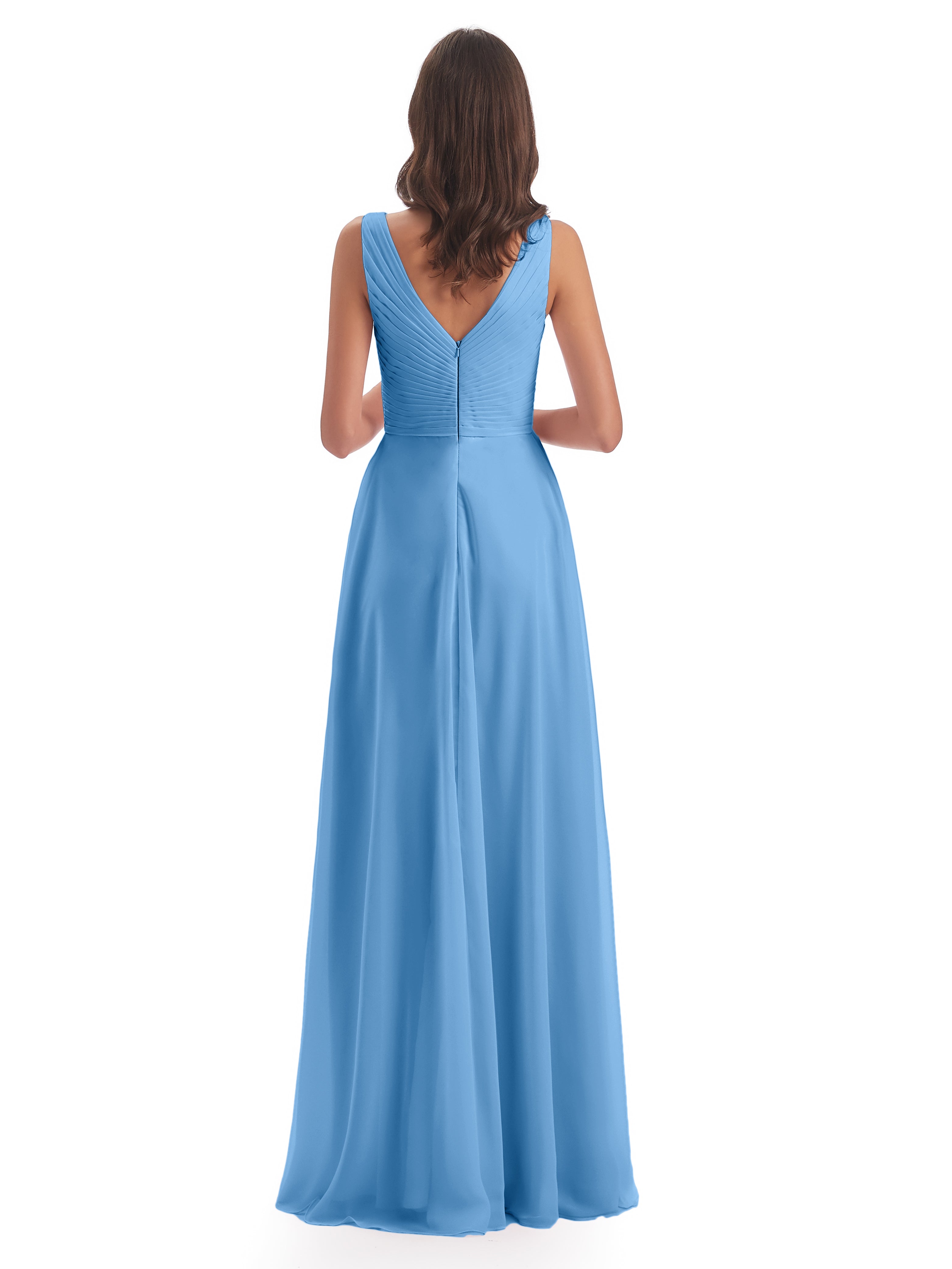 Demoiselle D Honneur Robe Bleu Col V Bretelle Mousseline Robes Demoiselle D'Honneur