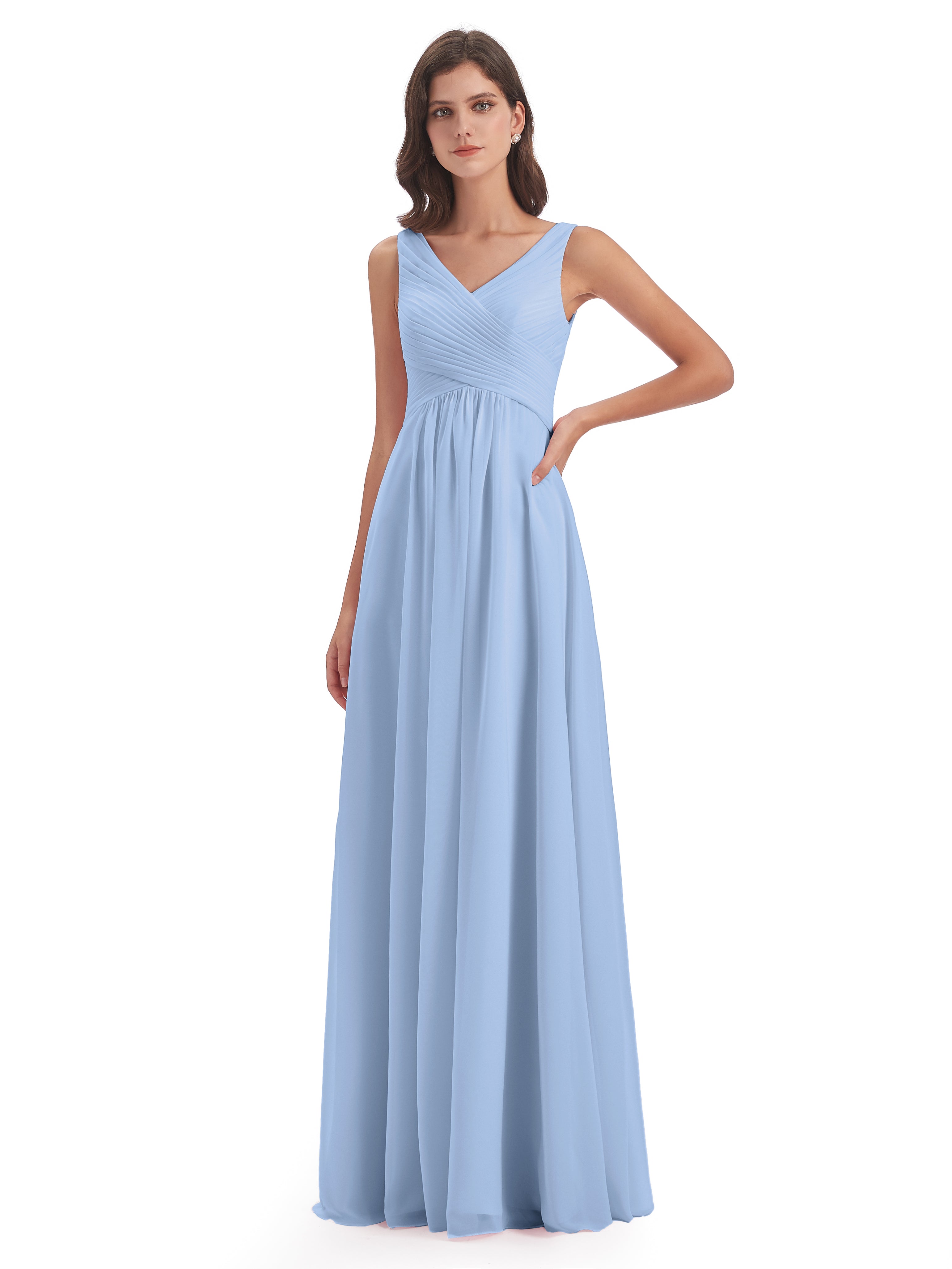 Robe Demoiselle D Honneur Bleue Ciel Col V Bretelle Mousseline Robes Demoiselle D'Honneur