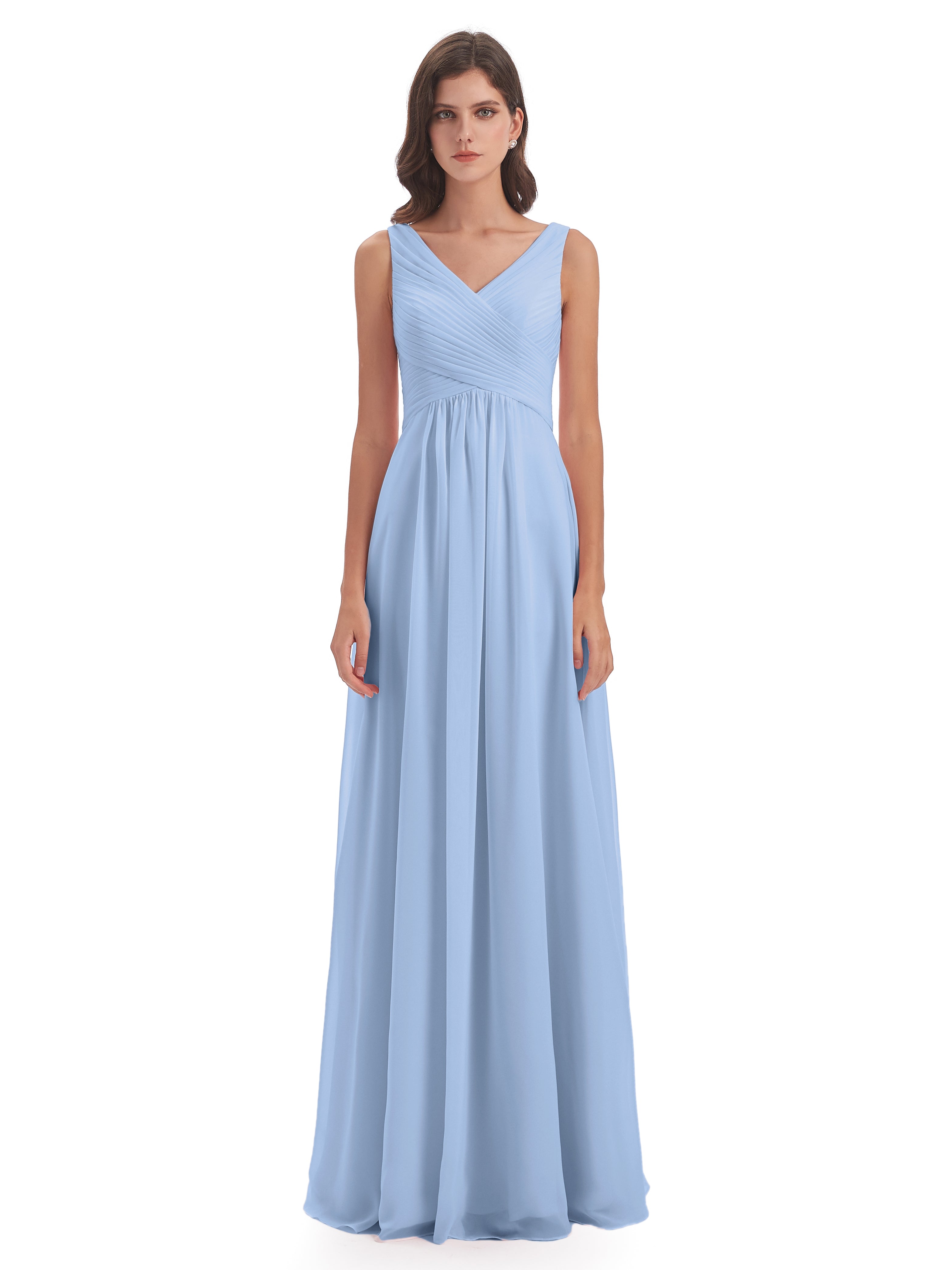 Robe Demoiselle D Honneur Bleue Ciel Col V Bretelle Mousseline Robes Demoiselle D'Honneur