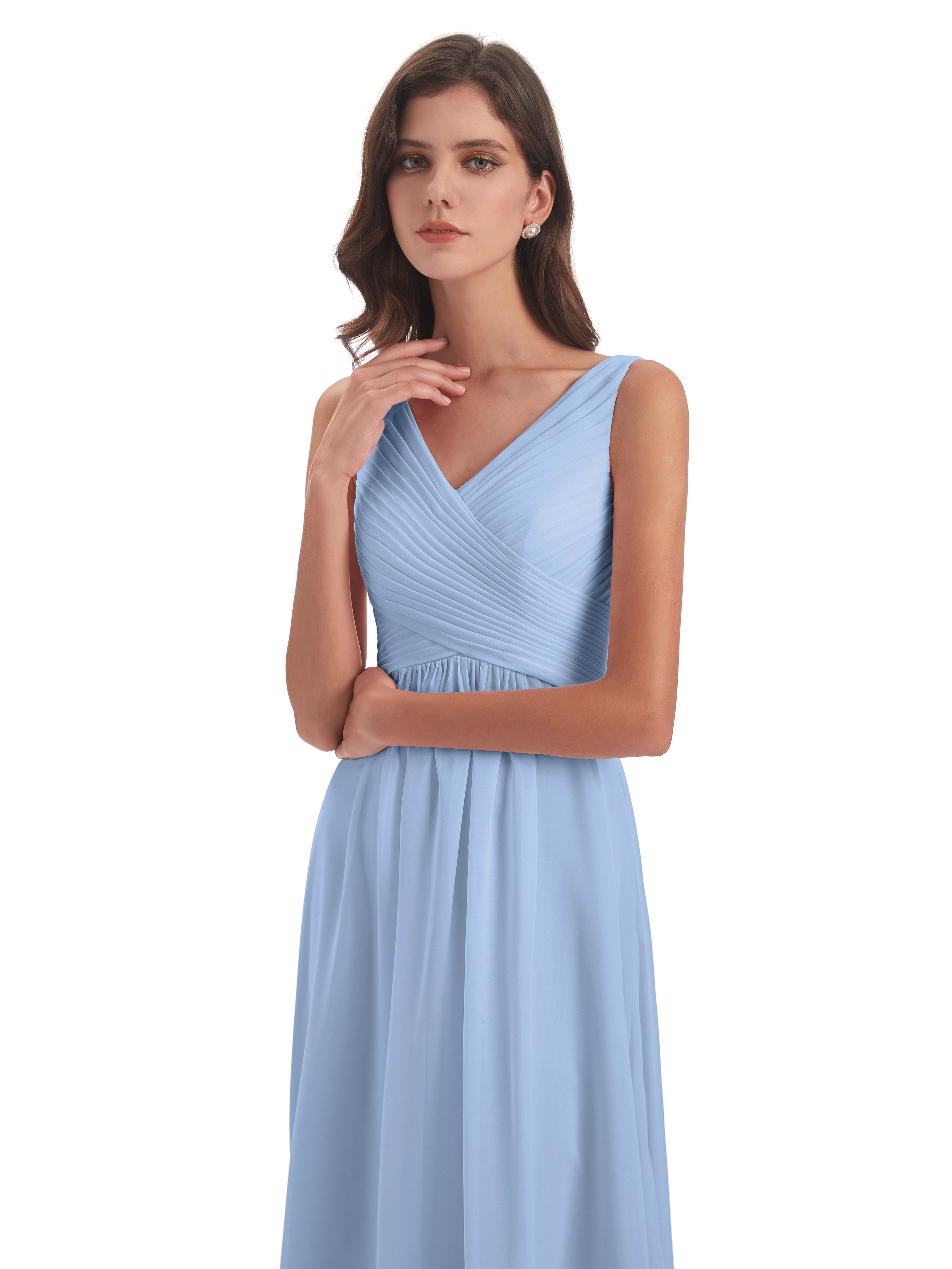 Robe Demoiselle D Honneur Bleue Ciel Col V Bretelle Mousseline Robes Demoiselle D'Honneur