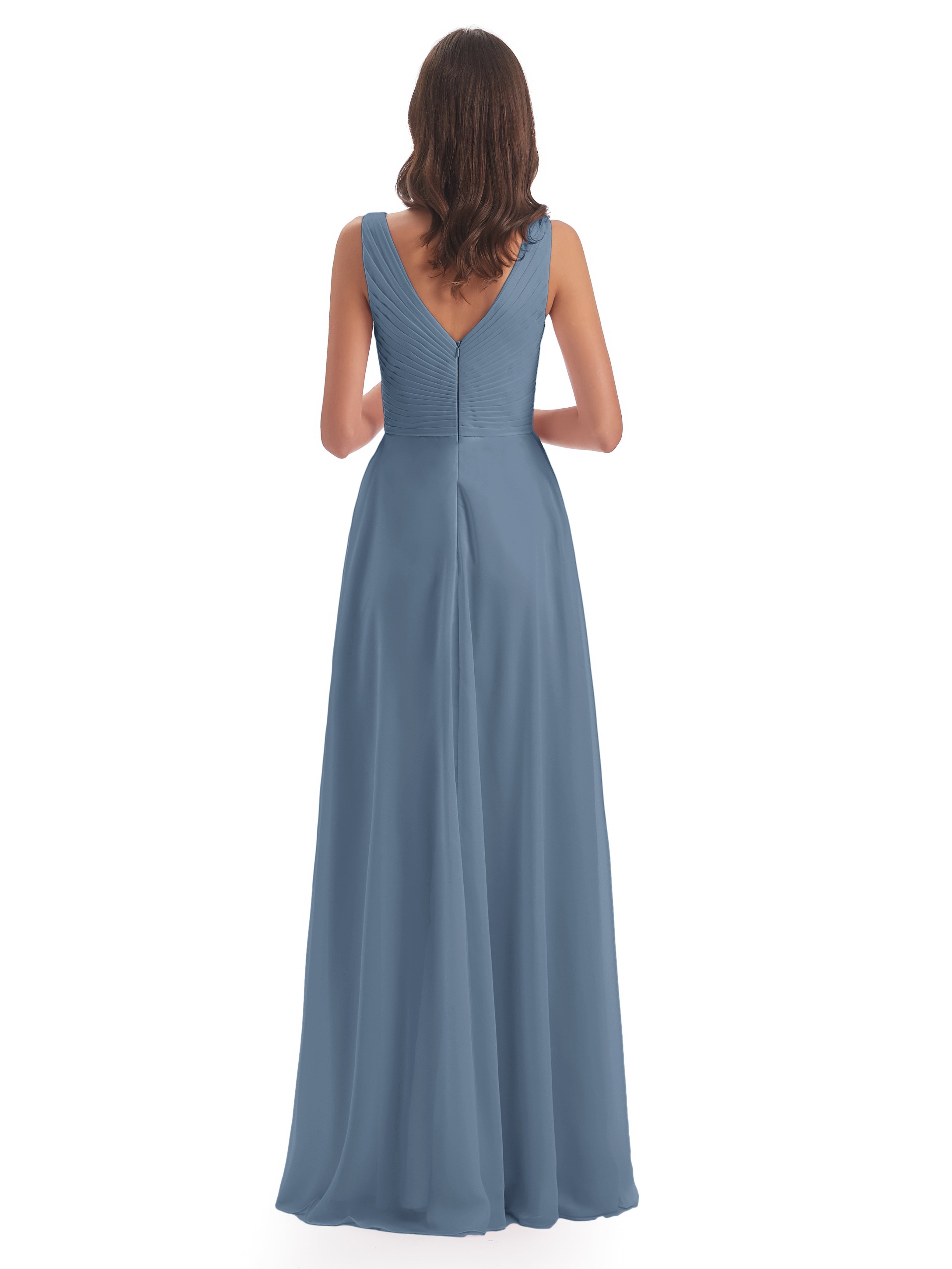 Robes De Demoiselle D'Honneur Bleu De Schiste Col V Bretelle Mousseline Robes Demoiselle D'Honneur