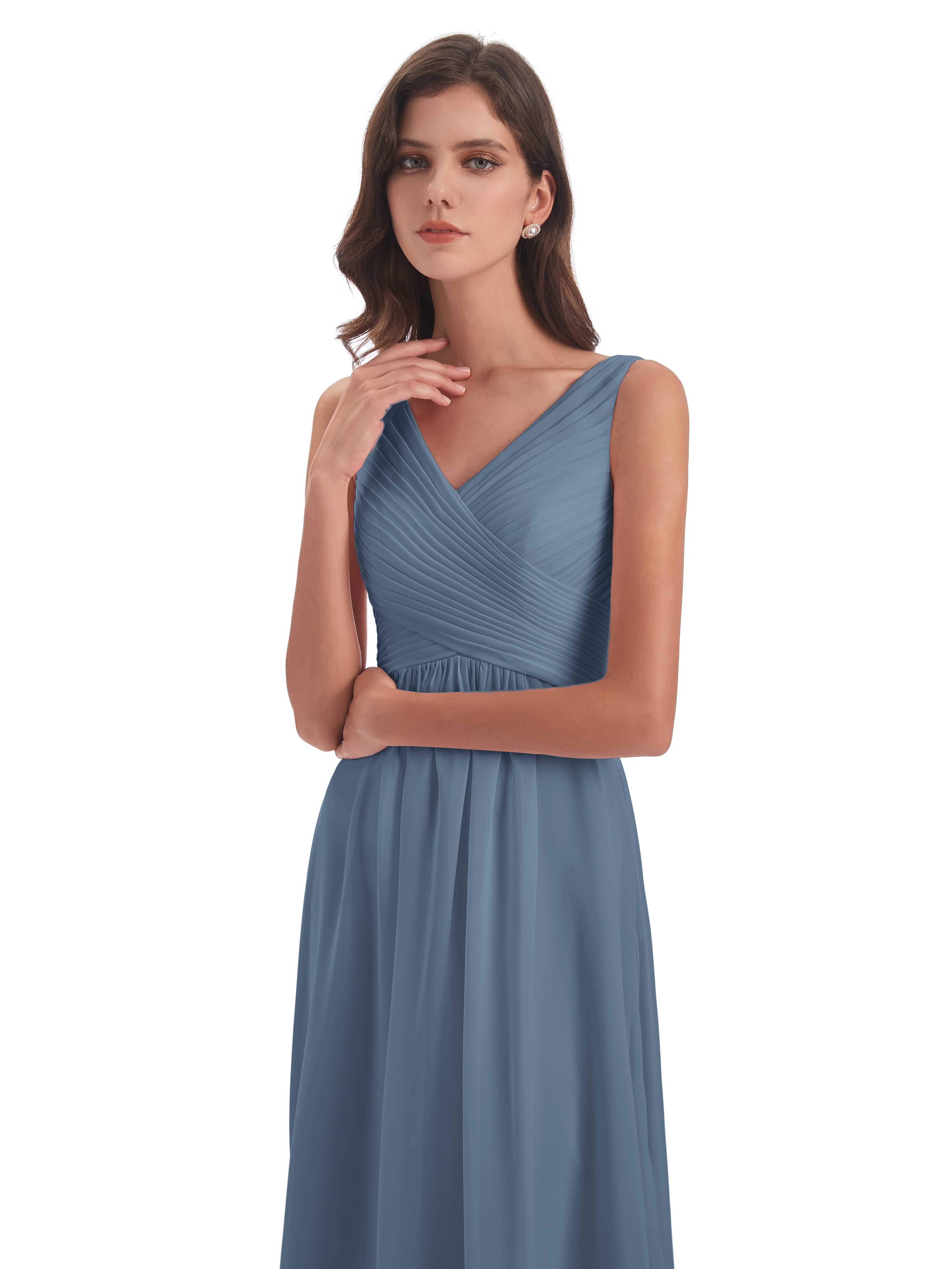 Robes De Demoiselle D'Honneur Bleu De Schiste Col V Bretelle Mousseline Robes Demoiselle D'Honneur