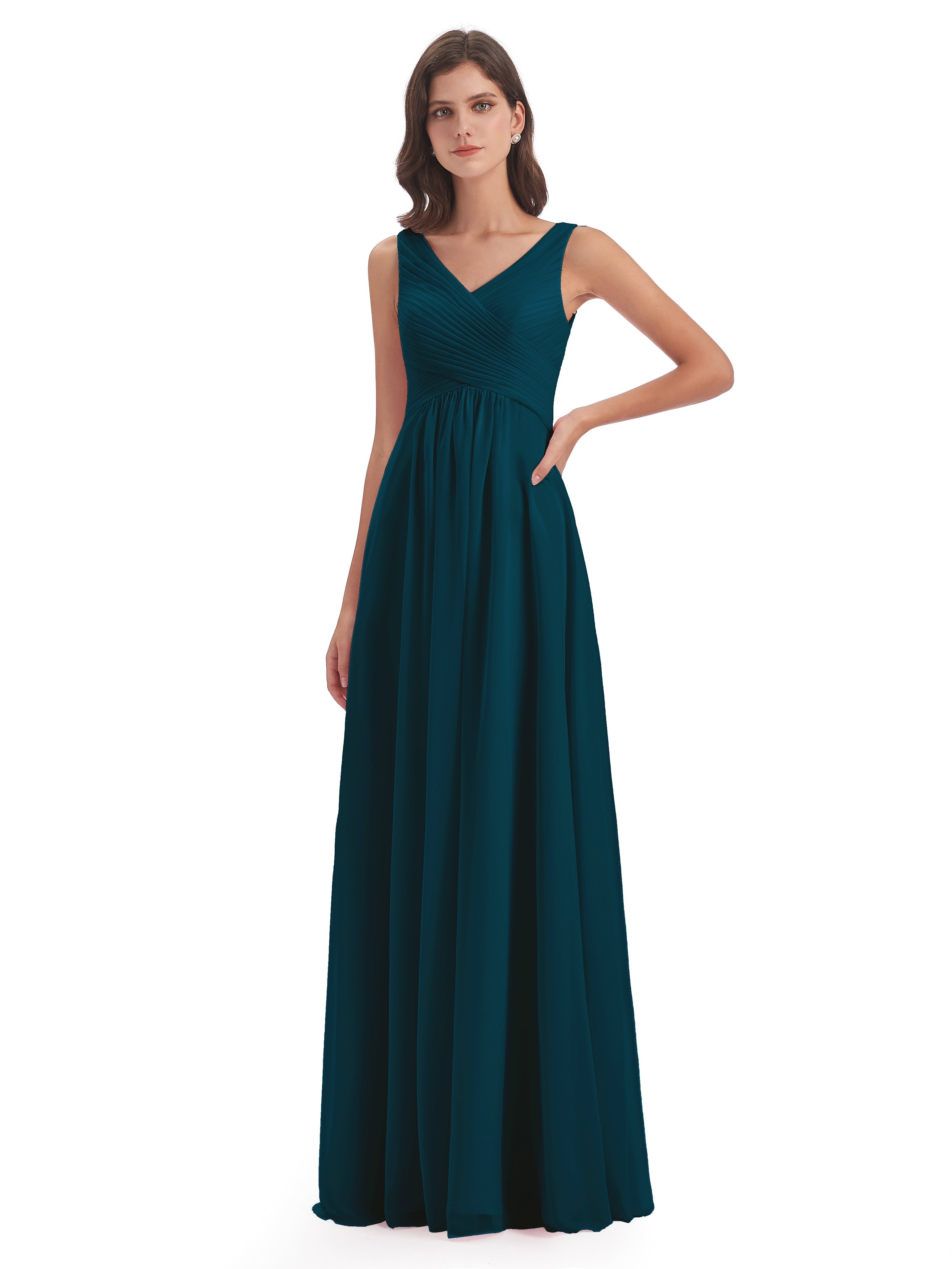 Robe De Demoiselle D'Honneur Bleu Encre Col V Bretelle Mousseline Robes Demoiselle D'Honneur