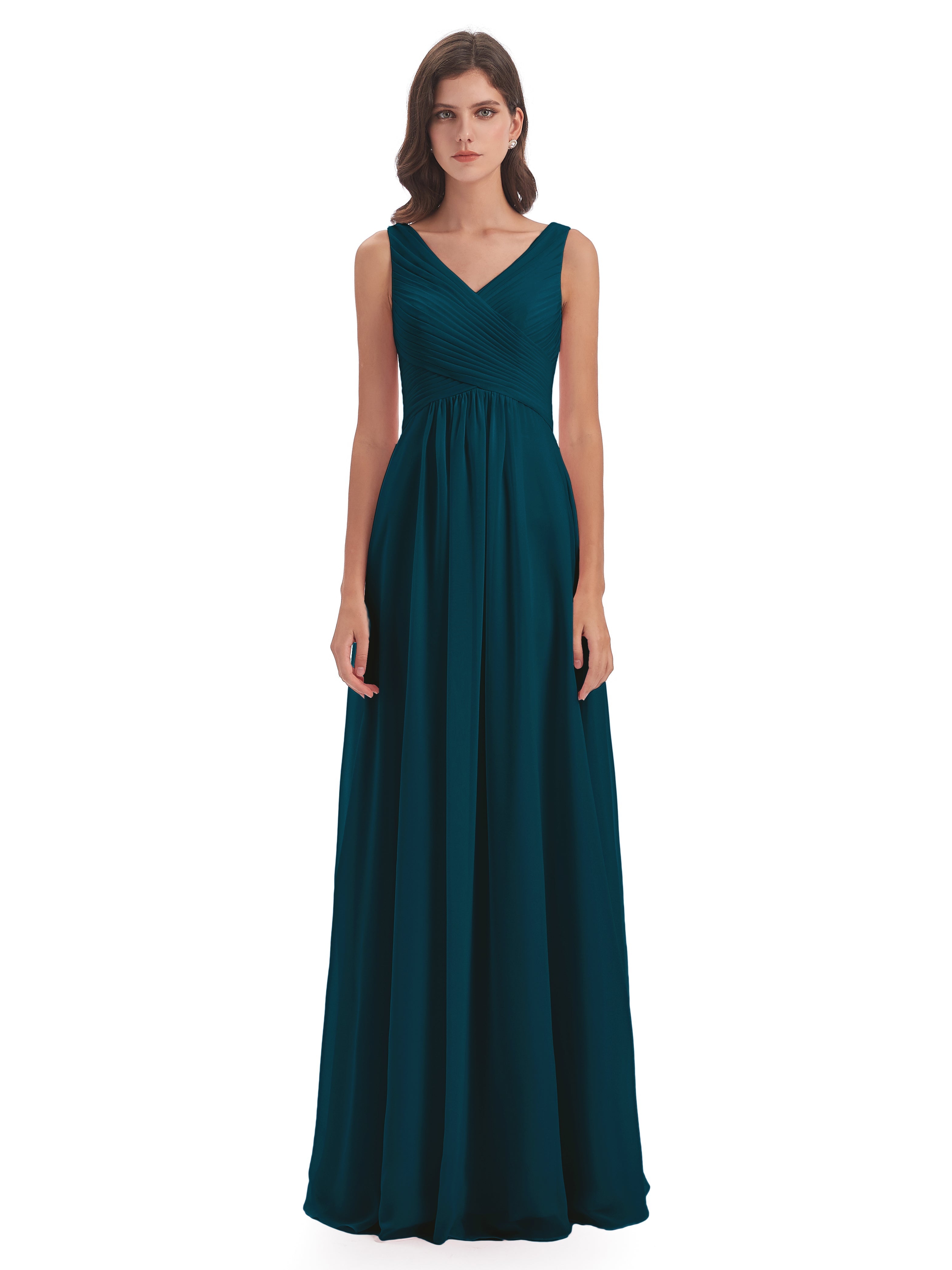 Robe De Demoiselle D'Honneur Bleu Encre Col V Bretelle Mousseline Robes Demoiselle D'Honneur
