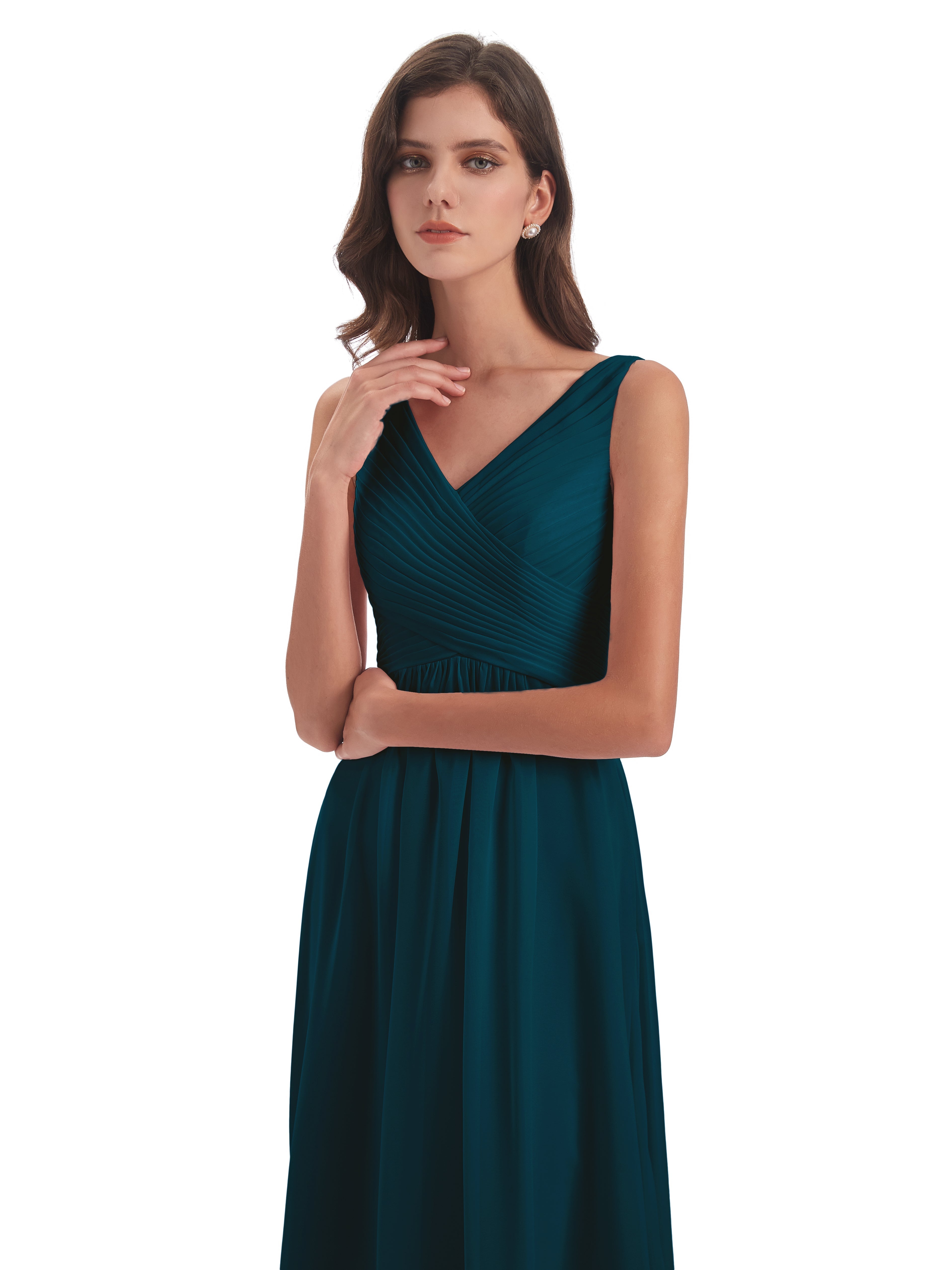 Robe De Demoiselle D'Honneur Bleu Encre Col V Bretelle Mousseline Robes Demoiselle D'Honneur