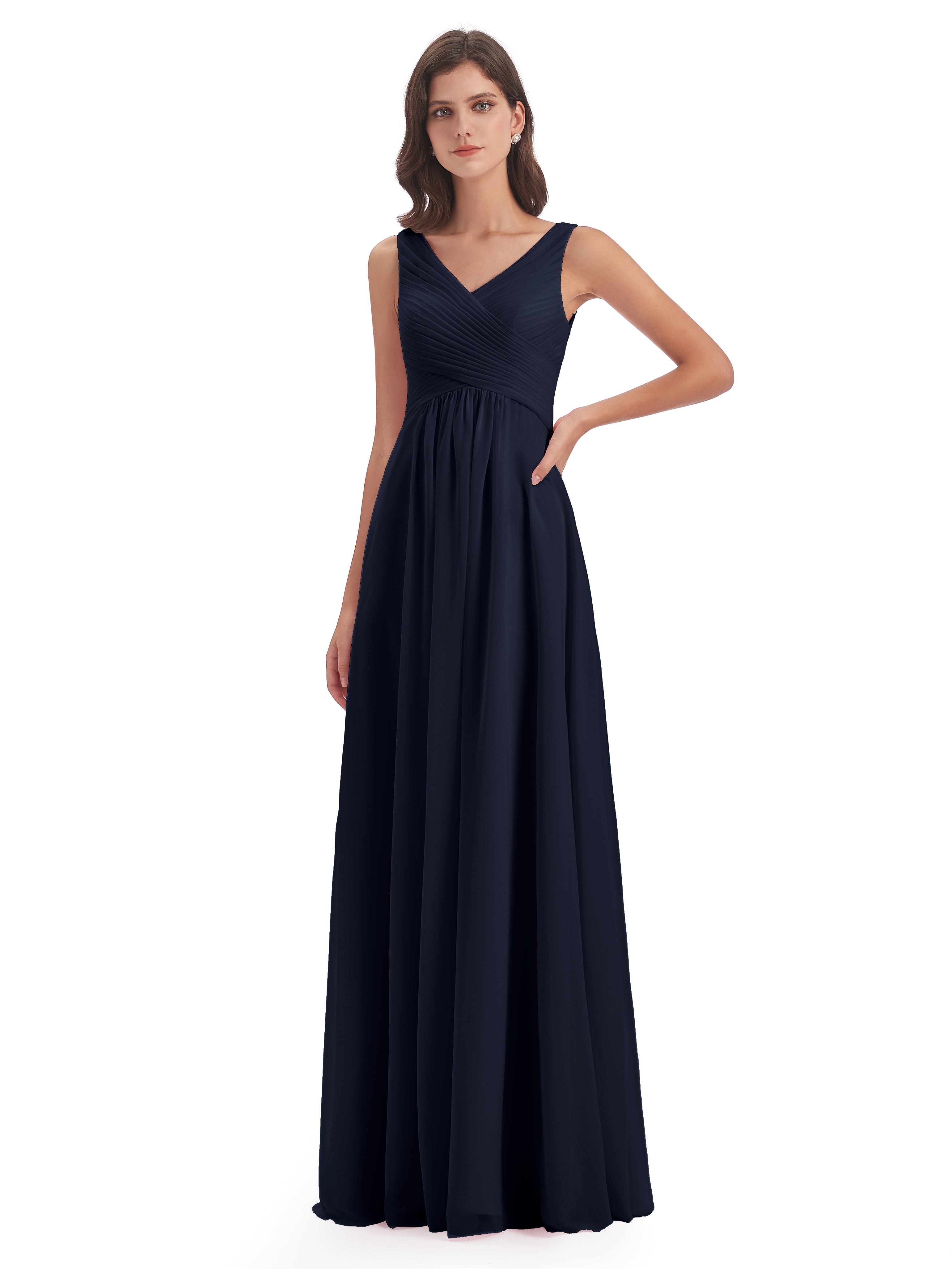 Robe Demoiselle D Honneur Bleue Marine Col V Bretelle Mousseline Robes Demoiselle D'Honneur