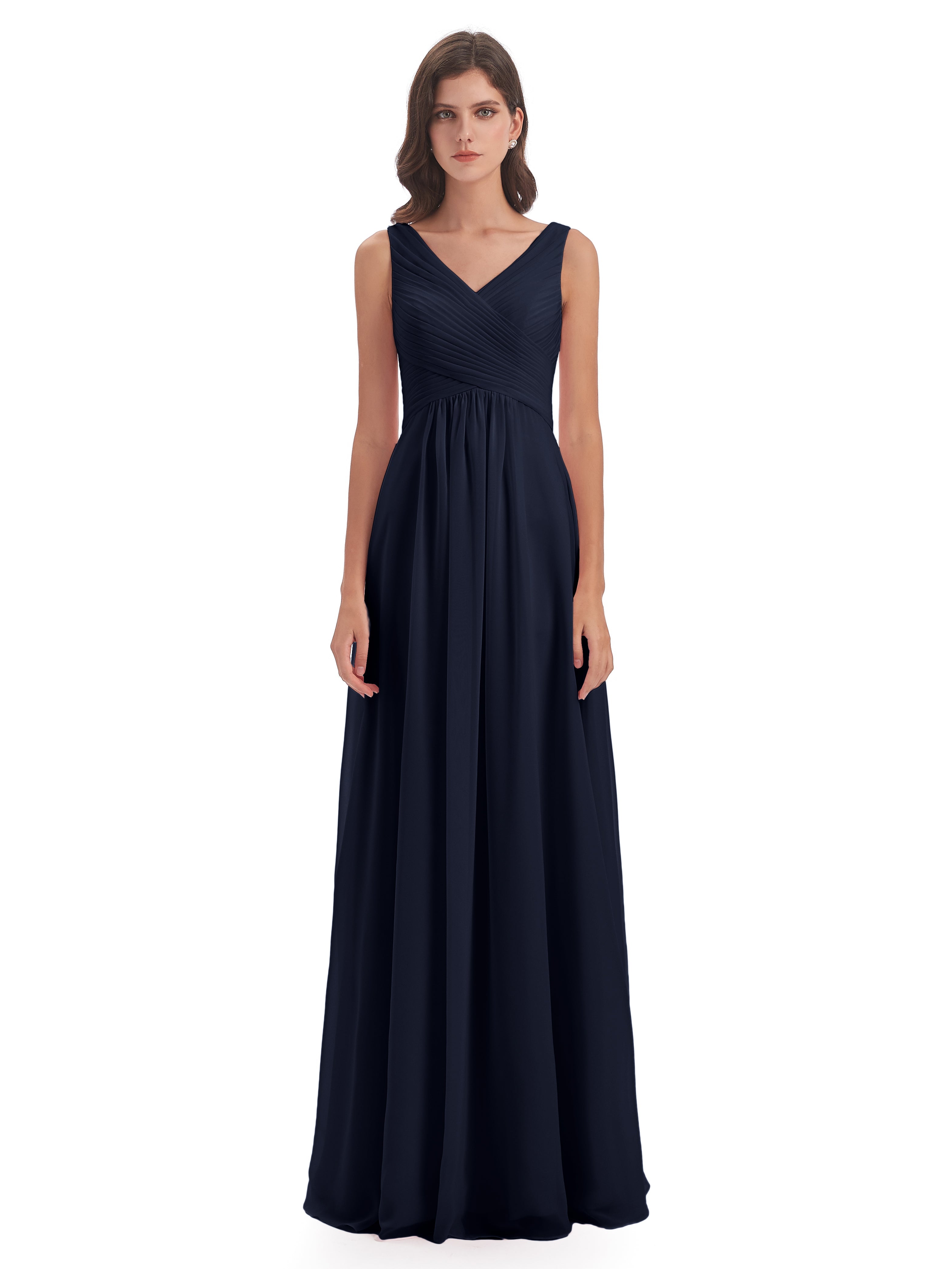 Robe Demoiselle D Honneur Bleue Marine Col V Bretelle Mousseline Robes Demoiselle D'Honneur