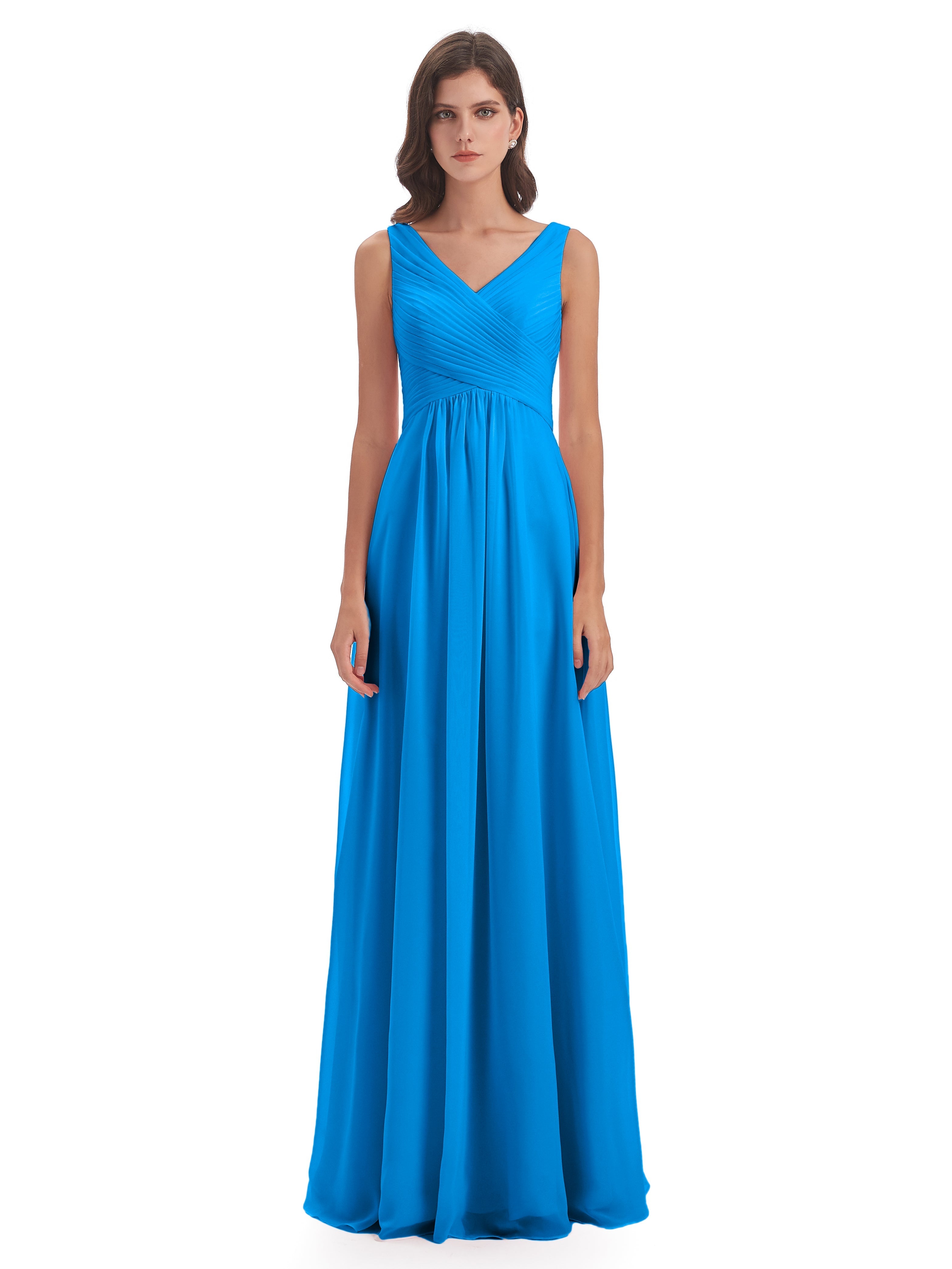 Robes De Demoiselle D'Honneur Bleu Océan Col V Bretelle Mousseline Robes Demoiselle D'Honneur