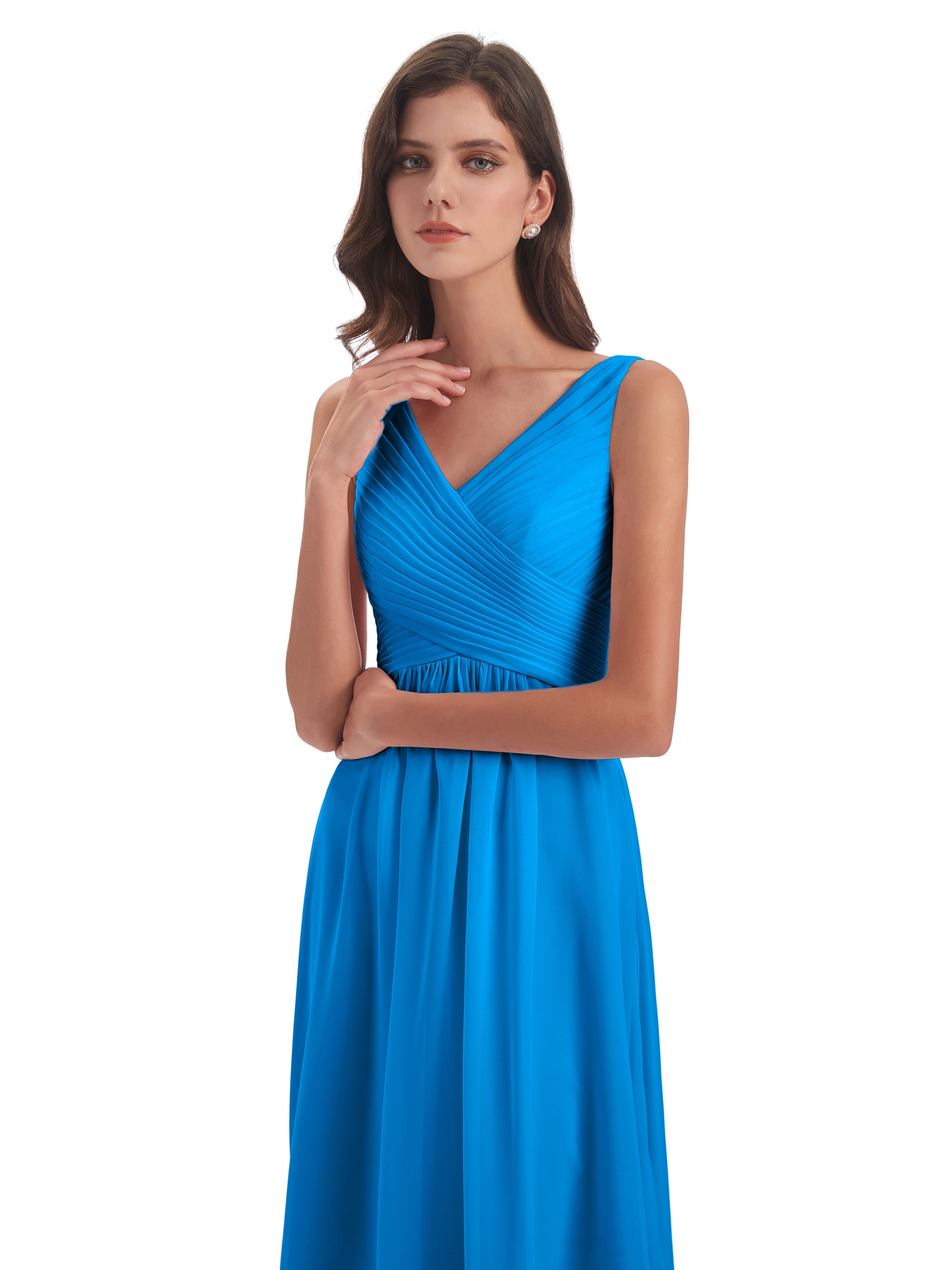 Robes De Demoiselle D'Honneur Bleu Océan Col V Bretelle Mousseline Robes Demoiselle D'Honneur