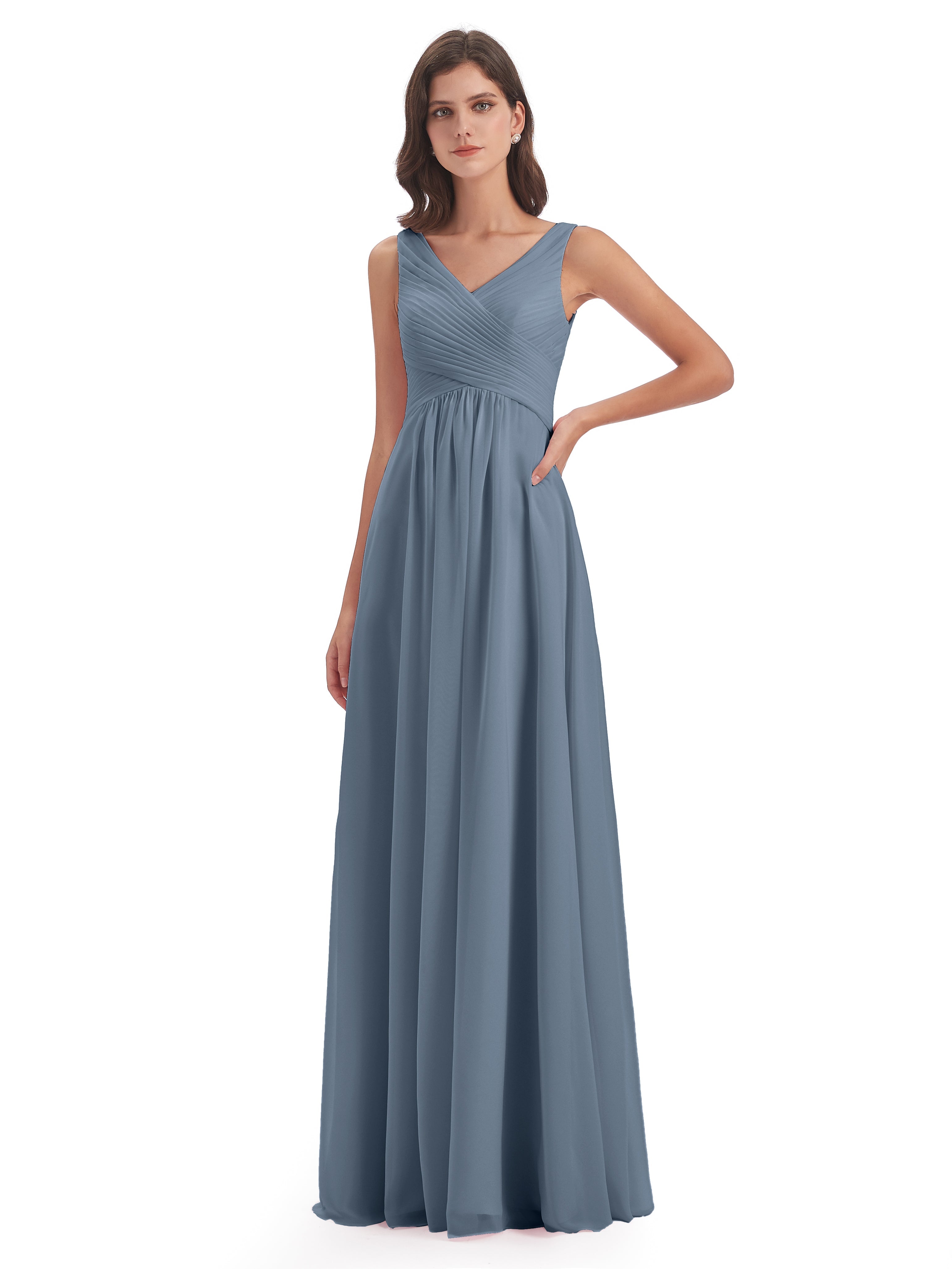 Robes De Demoiselle D'Honneur Bleu Gris Col V Bretelle Mousseline Robes Demoiselle D'Honneur