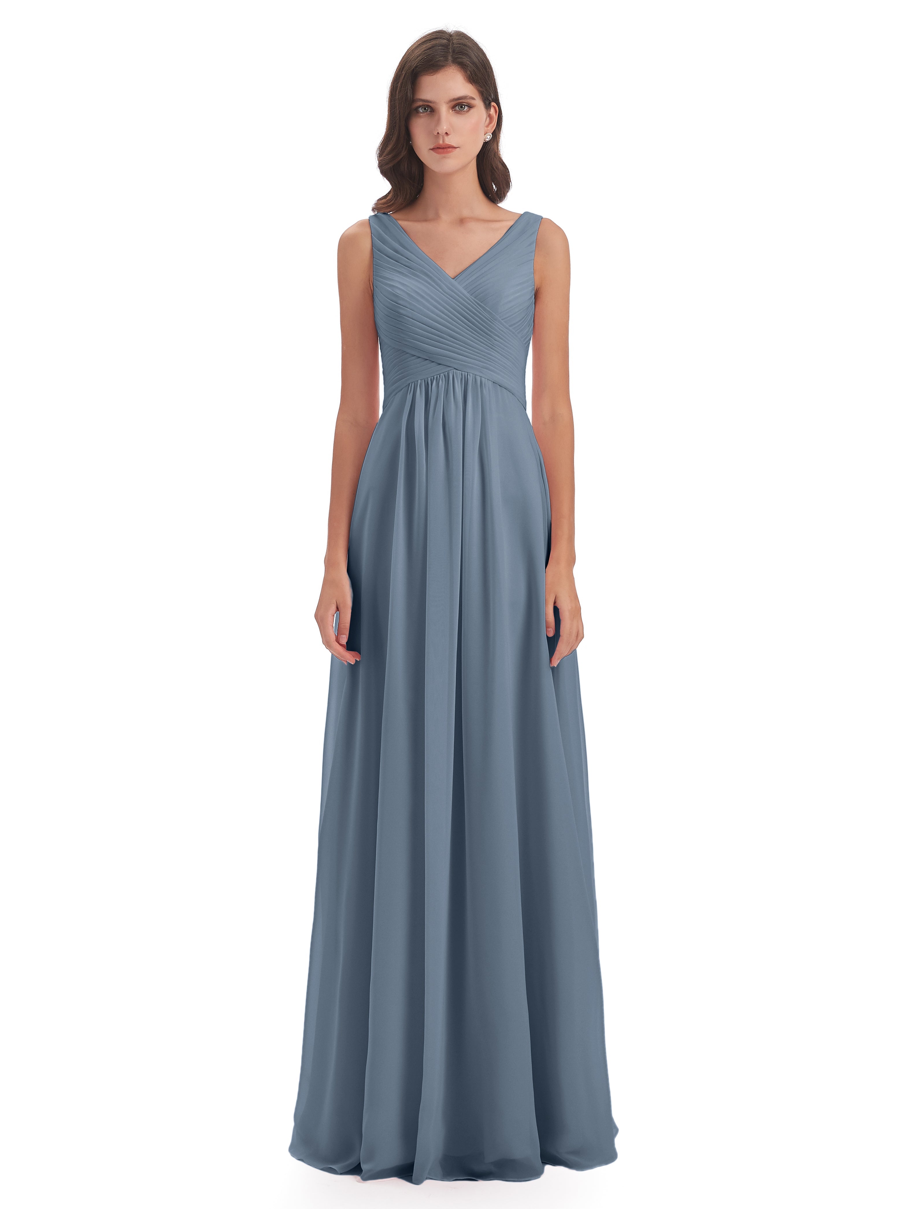 Robes De Demoiselle D'Honneur Bleu Gris Col V Bretelle Mousseline Robes Demoiselle D'Honneur