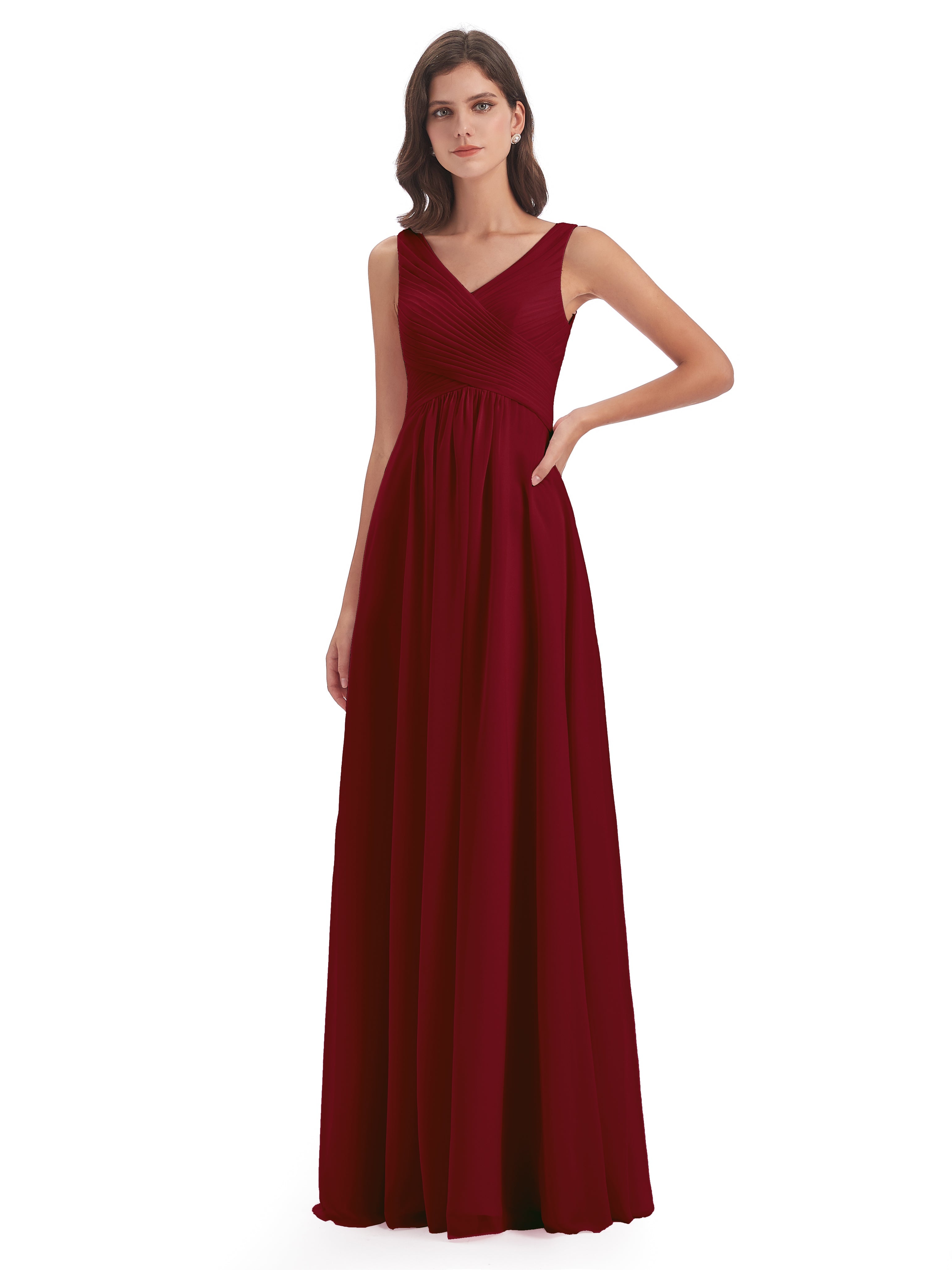 Robe Demoiselle Dhonneur Bordeaux Col V Bretelle Mousseline Robes Demoiselle D'Honneur