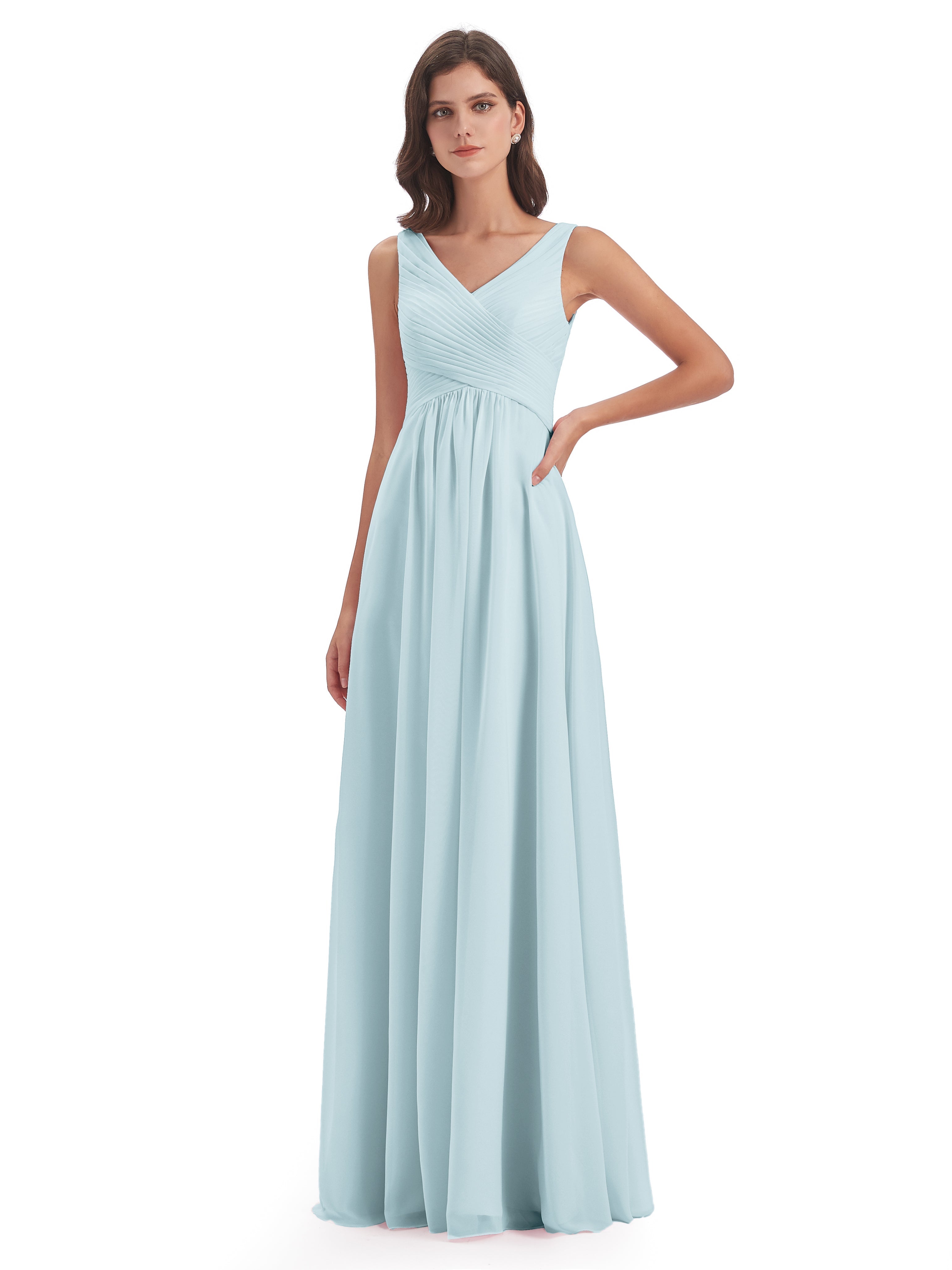 Robe De Demoiselle D'Honneur Brume Col V Bretelle Mousseline Robes Demoiselle D'Honneur