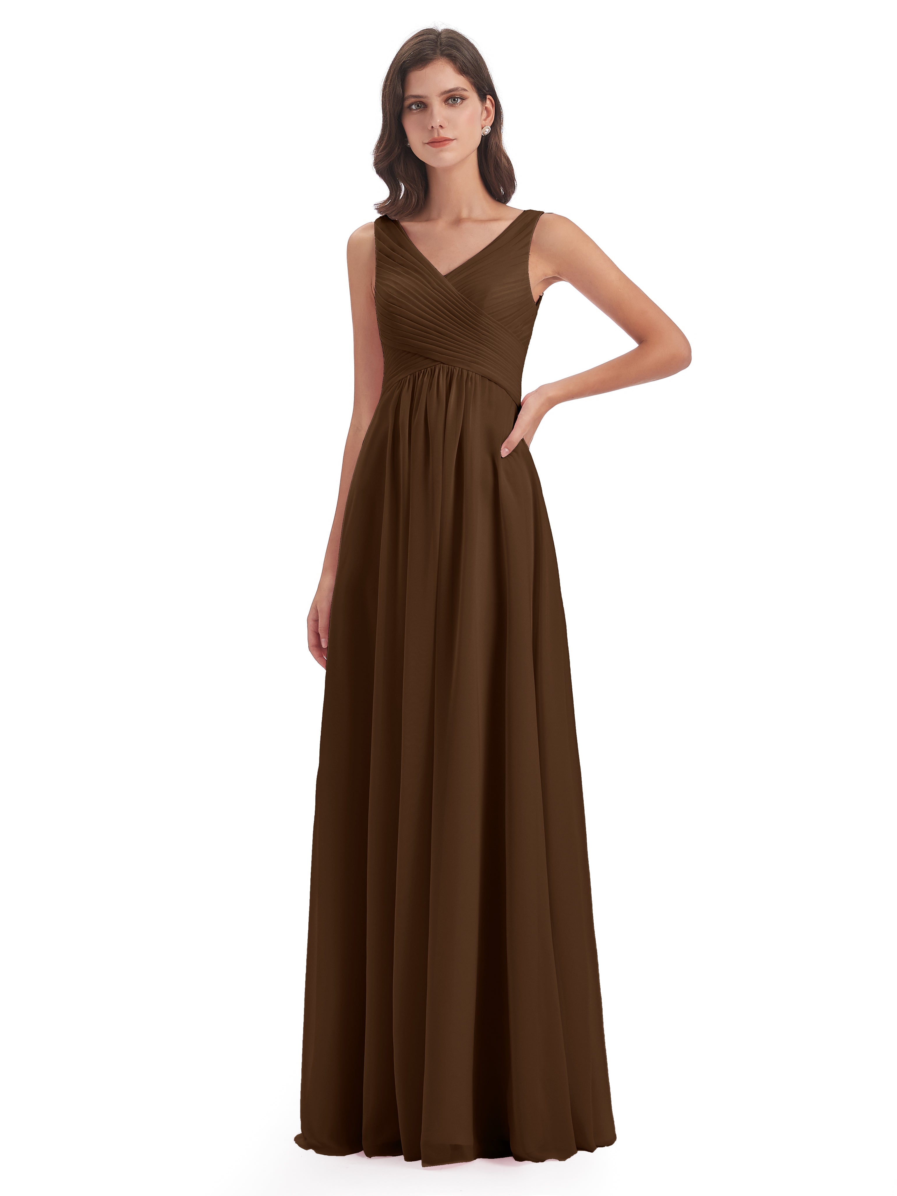 Robes De Demoiselle D'Honneur Brun Col V Bretelle Mousseline Robes Demoiselle D'Honneur