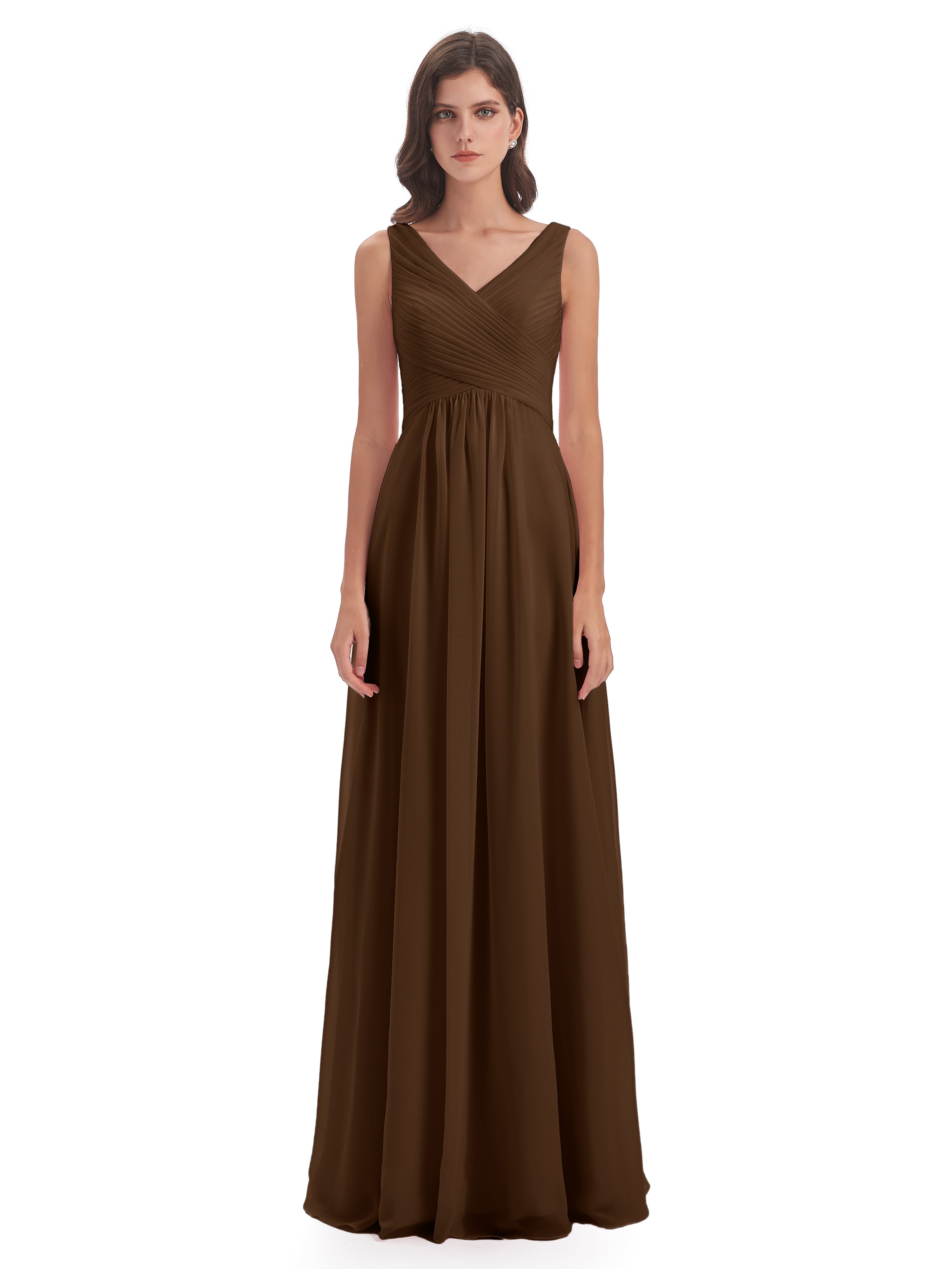 Robes De Demoiselle D'Honneur Brun Col V Bretelle Mousseline Robes Demoiselle D'Honneur