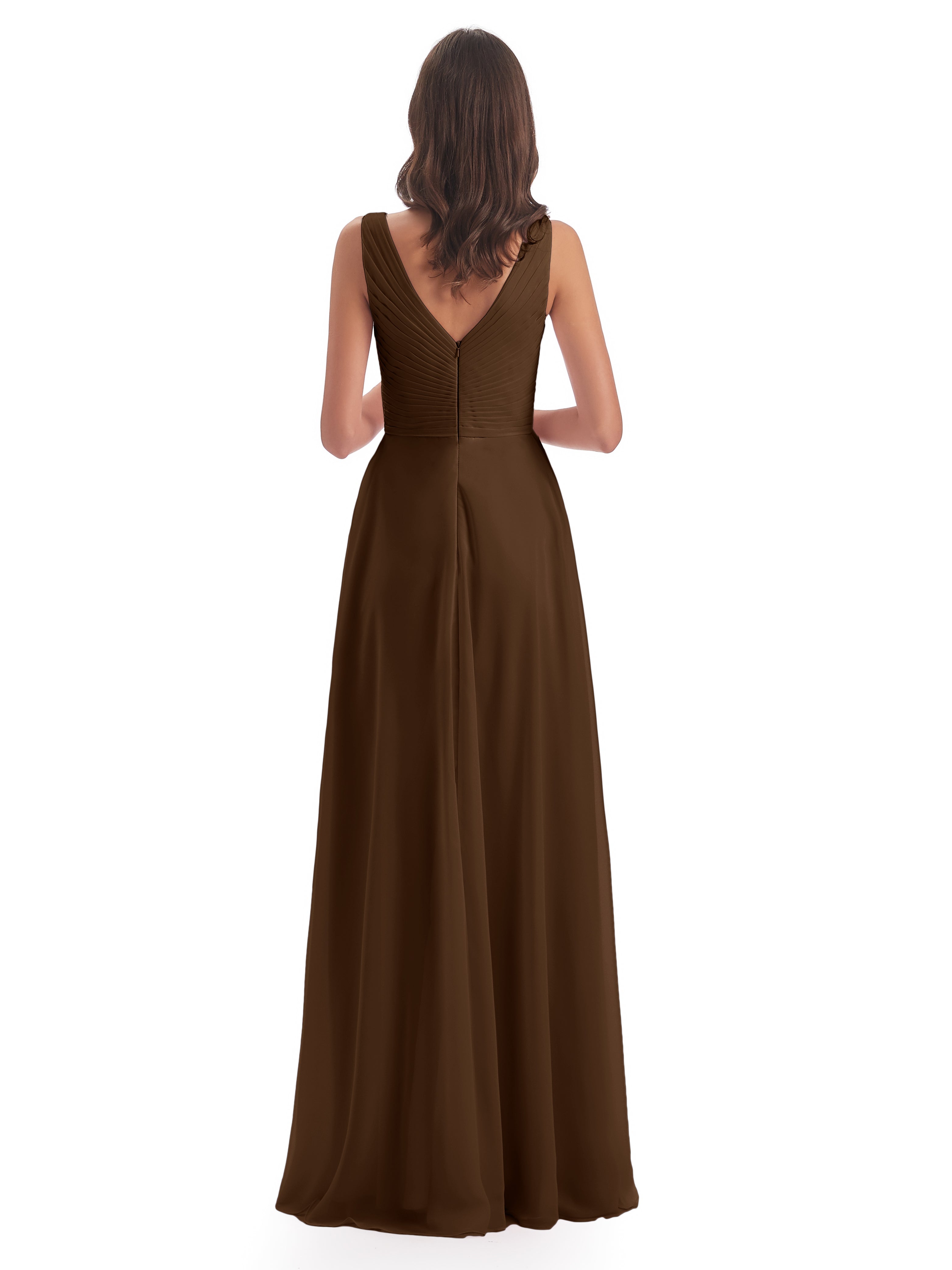 Robes De Demoiselle D'Honneur Brun Col V Bretelle Mousseline Robes Demoiselle D'Honneur