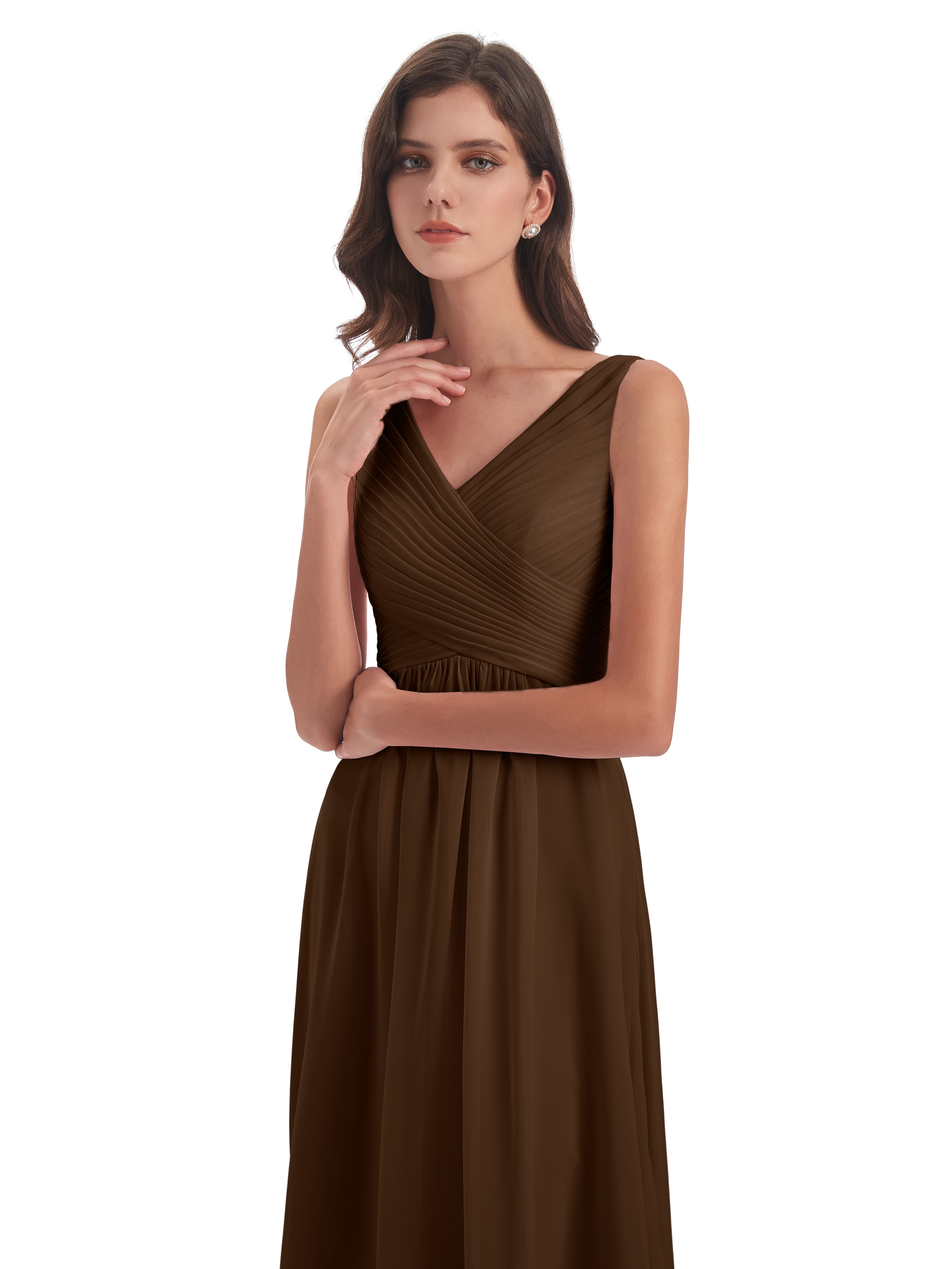 Robes De Demoiselle D'Honneur Brun Col V Bretelle Mousseline Robes Demoiselle D'Honneur