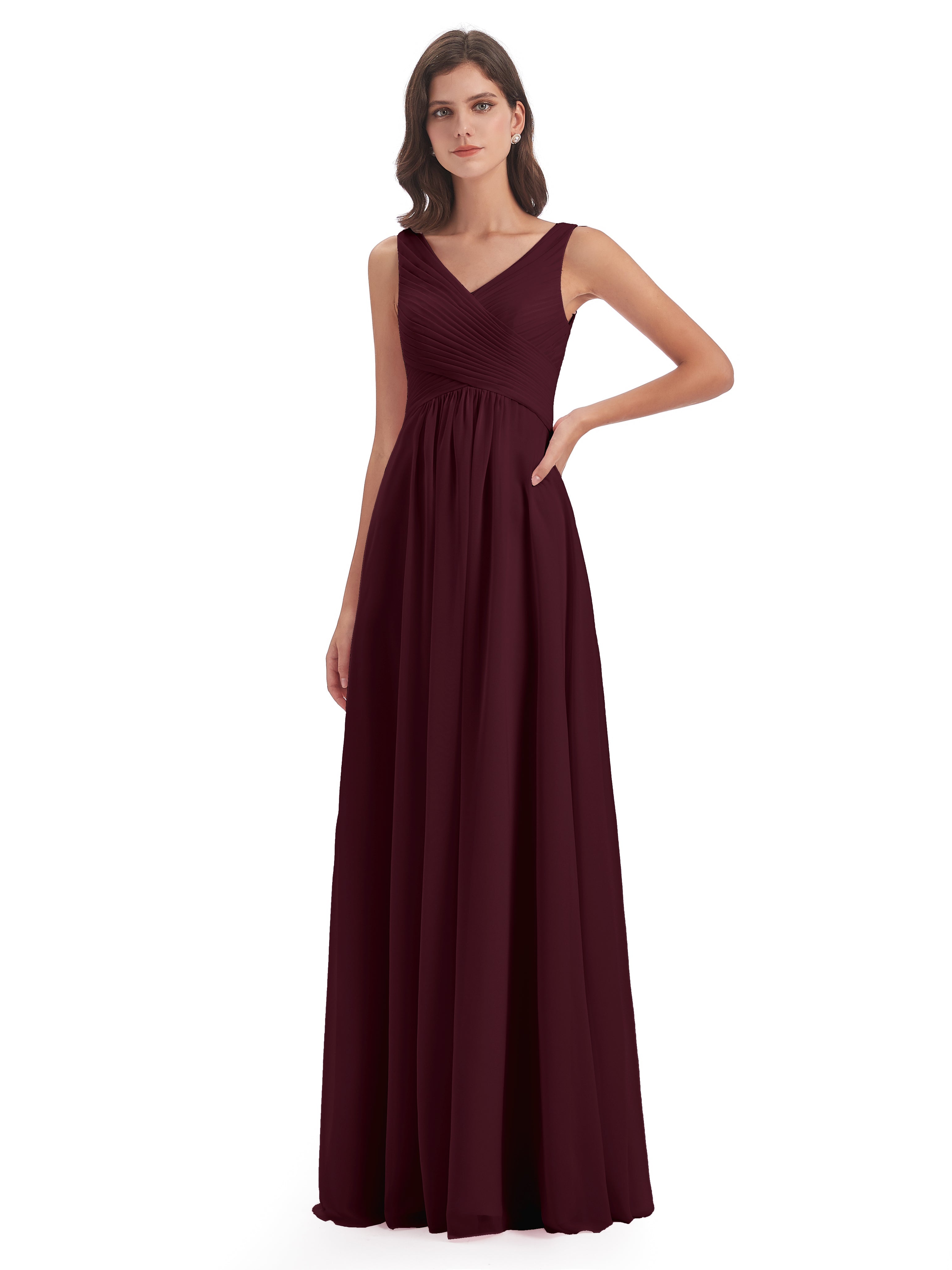 Robes De Demoiselle D'Honneur Cabernet Col V Bretelle Mousseline Robes Demoiselle D'Honneur