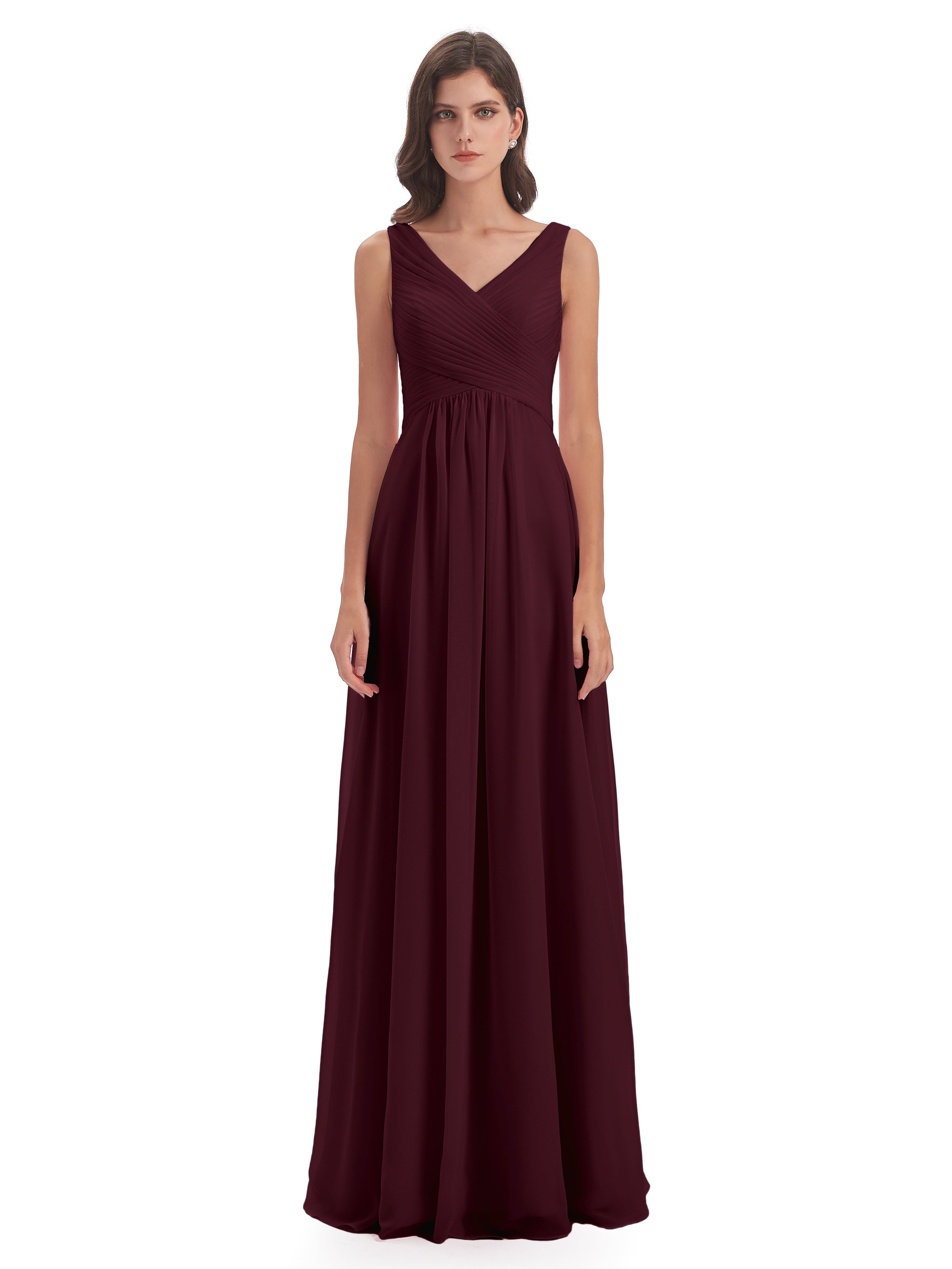 Robes De Demoiselle D'Honneur Cabernet Col V Bretelle Mousseline Robes Demoiselle D'Honneur