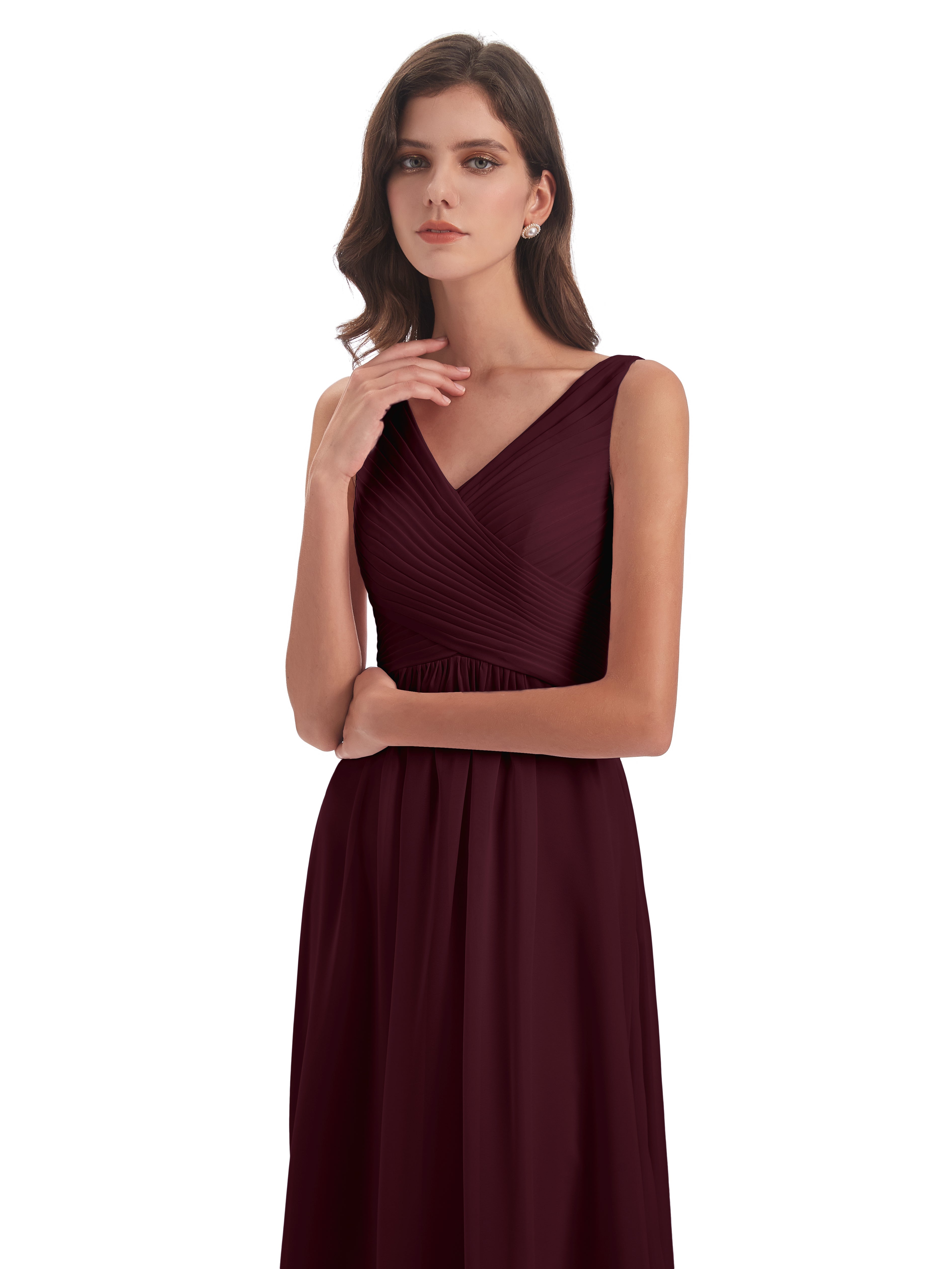 Robes De Demoiselle D'Honneur Cabernet Col V Bretelle Mousseline Robes Demoiselle D'Honneur