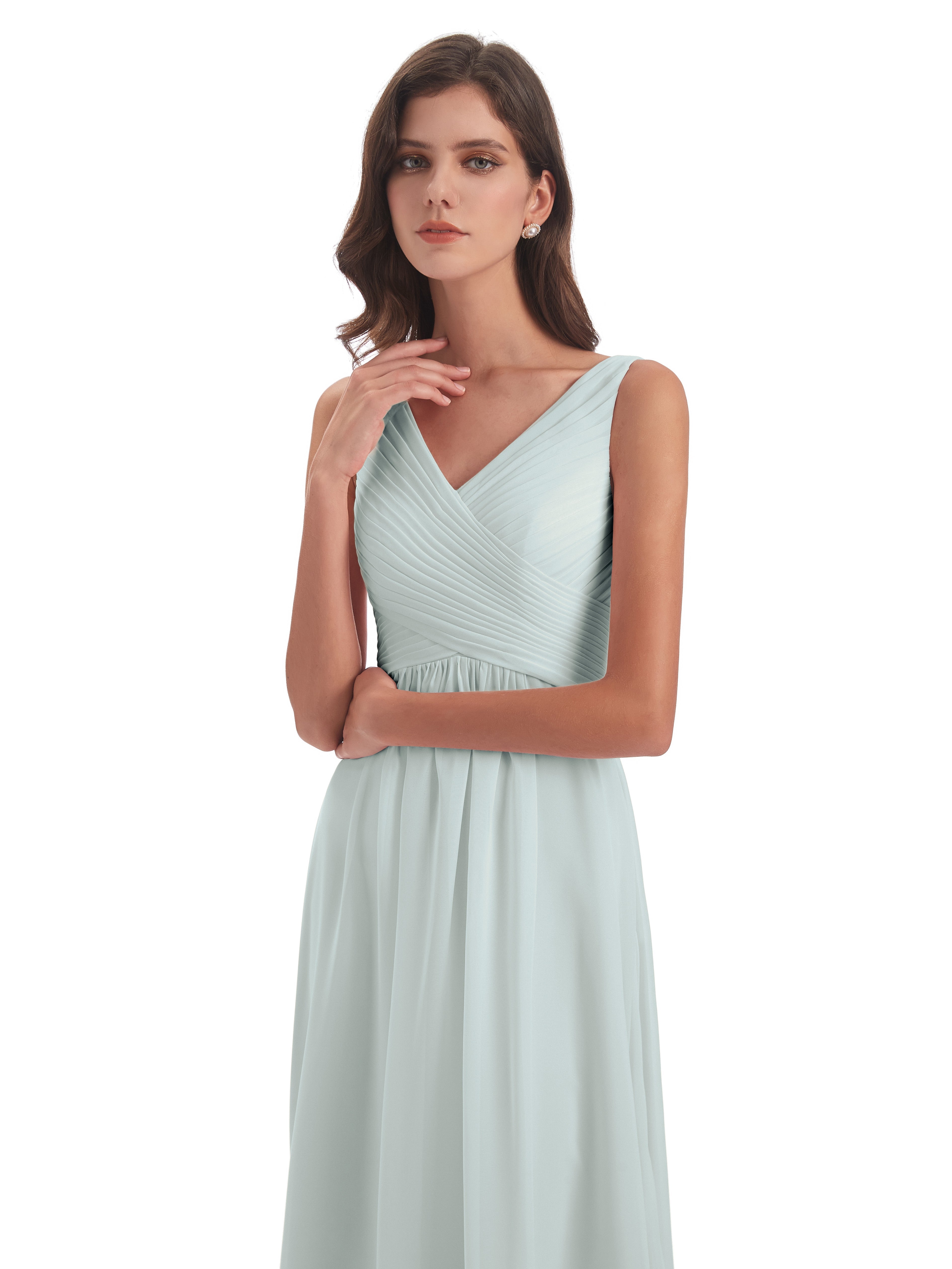 Robes De Demoiselle D'Honneur Celadon Col V Bretelle Mousseline Robes Demoiselle D'Honneur
