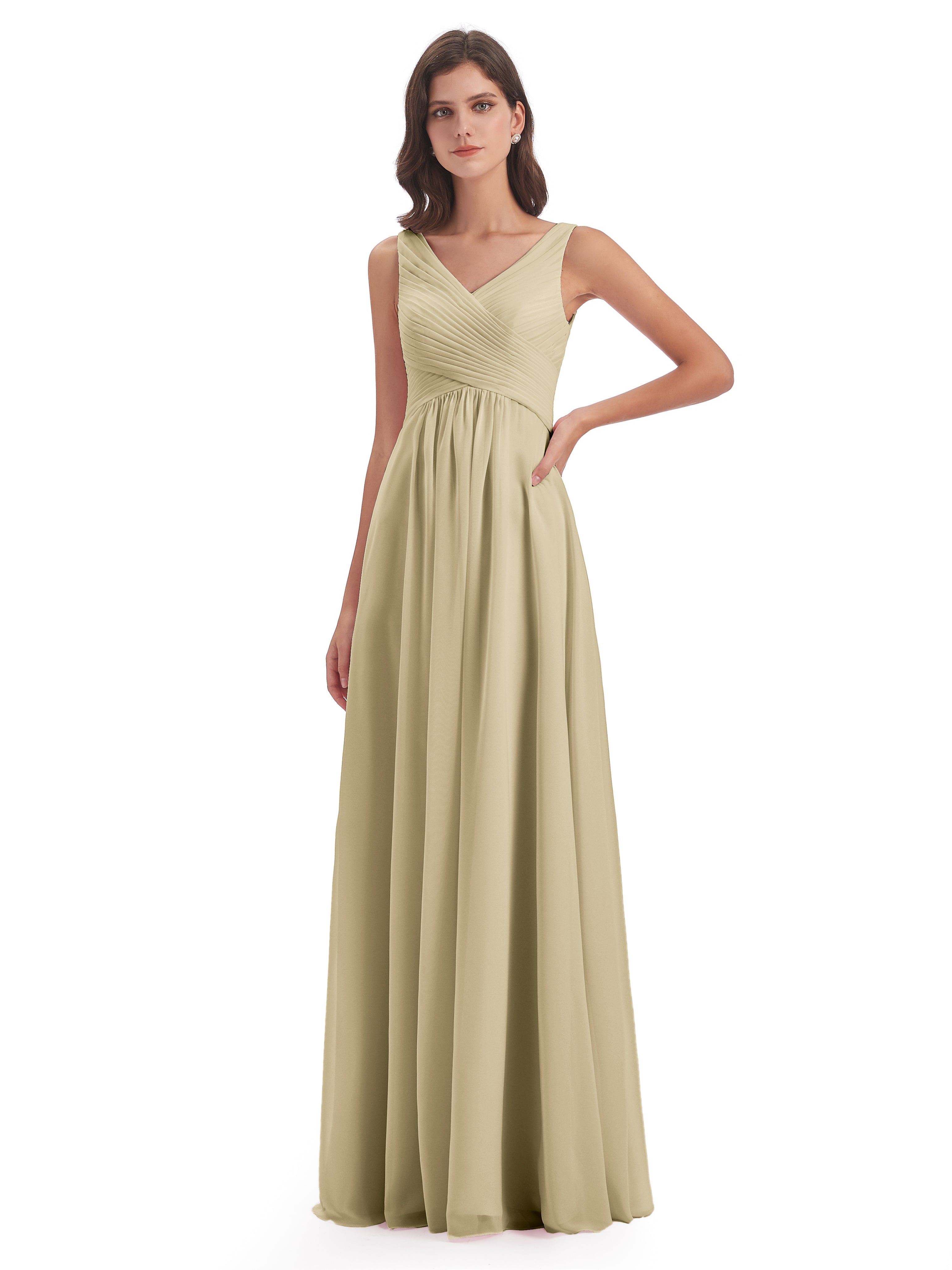 Robe De Demoiselle D Honneur Couleur Champagne Col V Bretelle Mousseline Robes Demoiselle D'Honneur