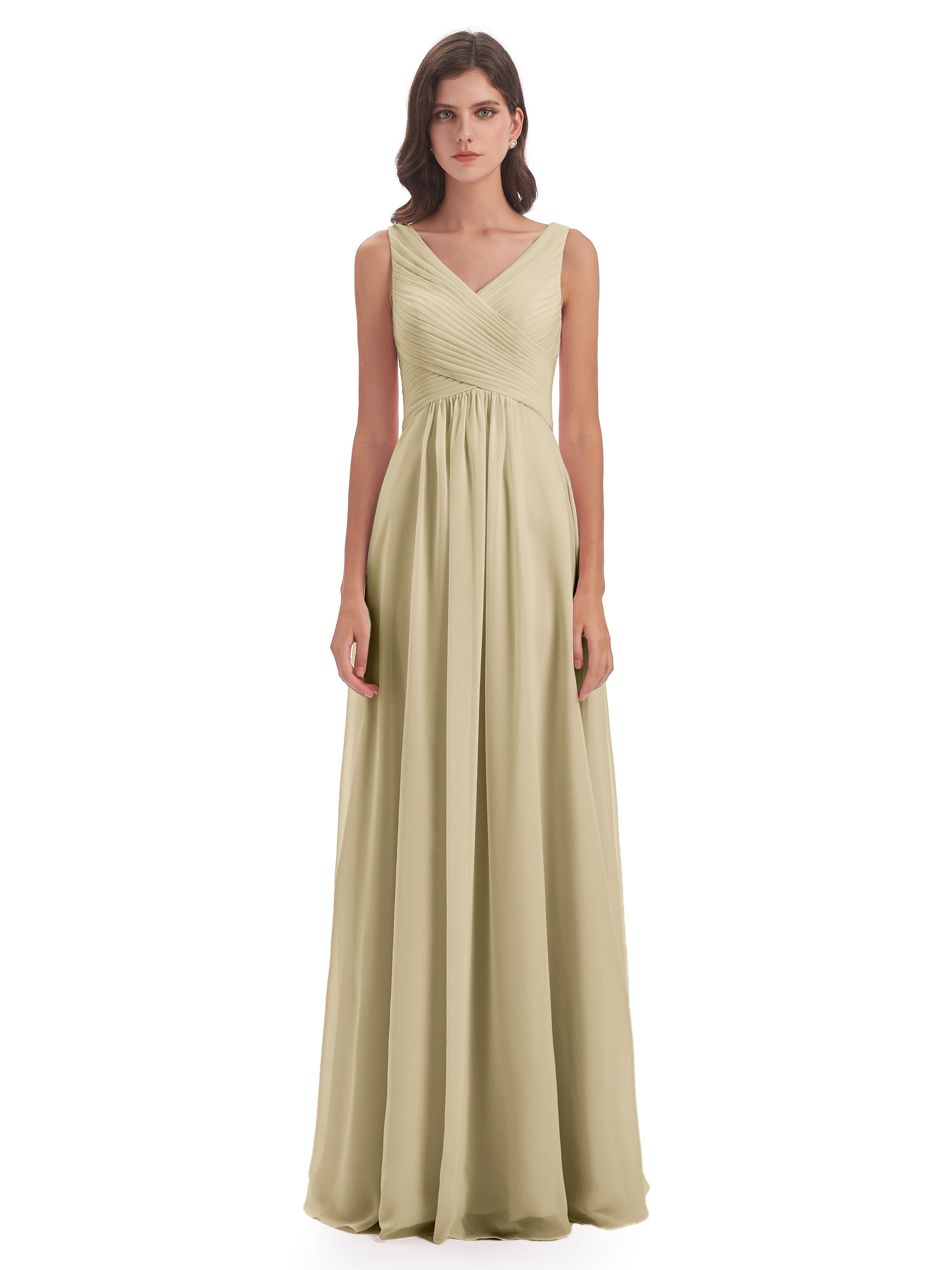 Robe De Demoiselle D Honneur Couleur Champagne Col V Bretelle Mousseline Robes Demoiselle D'Honneur
