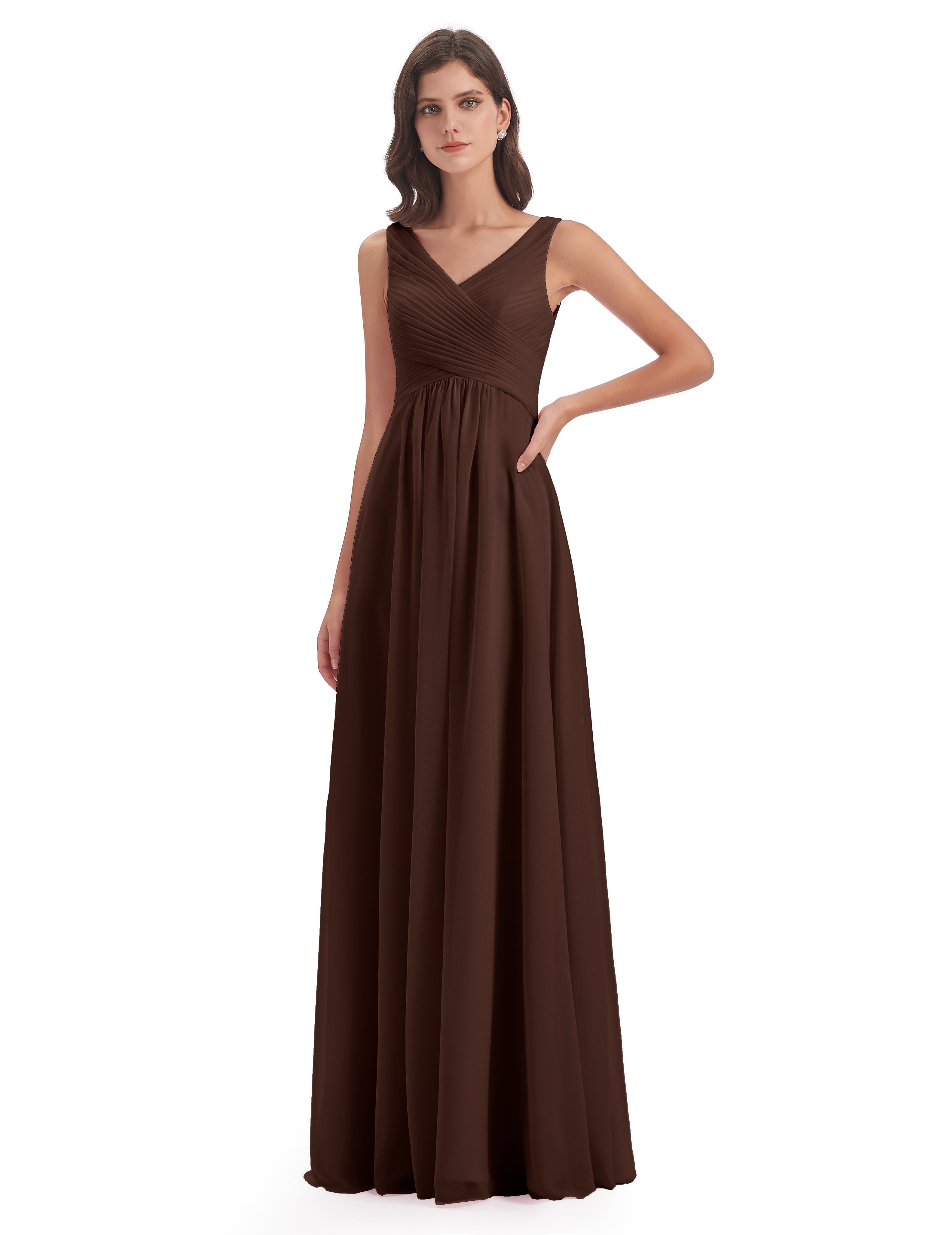 Robes De Demoiselle D'Honneur En Chocolat Col V Bretelle Mousseline Robes Demoiselle D'Honneur