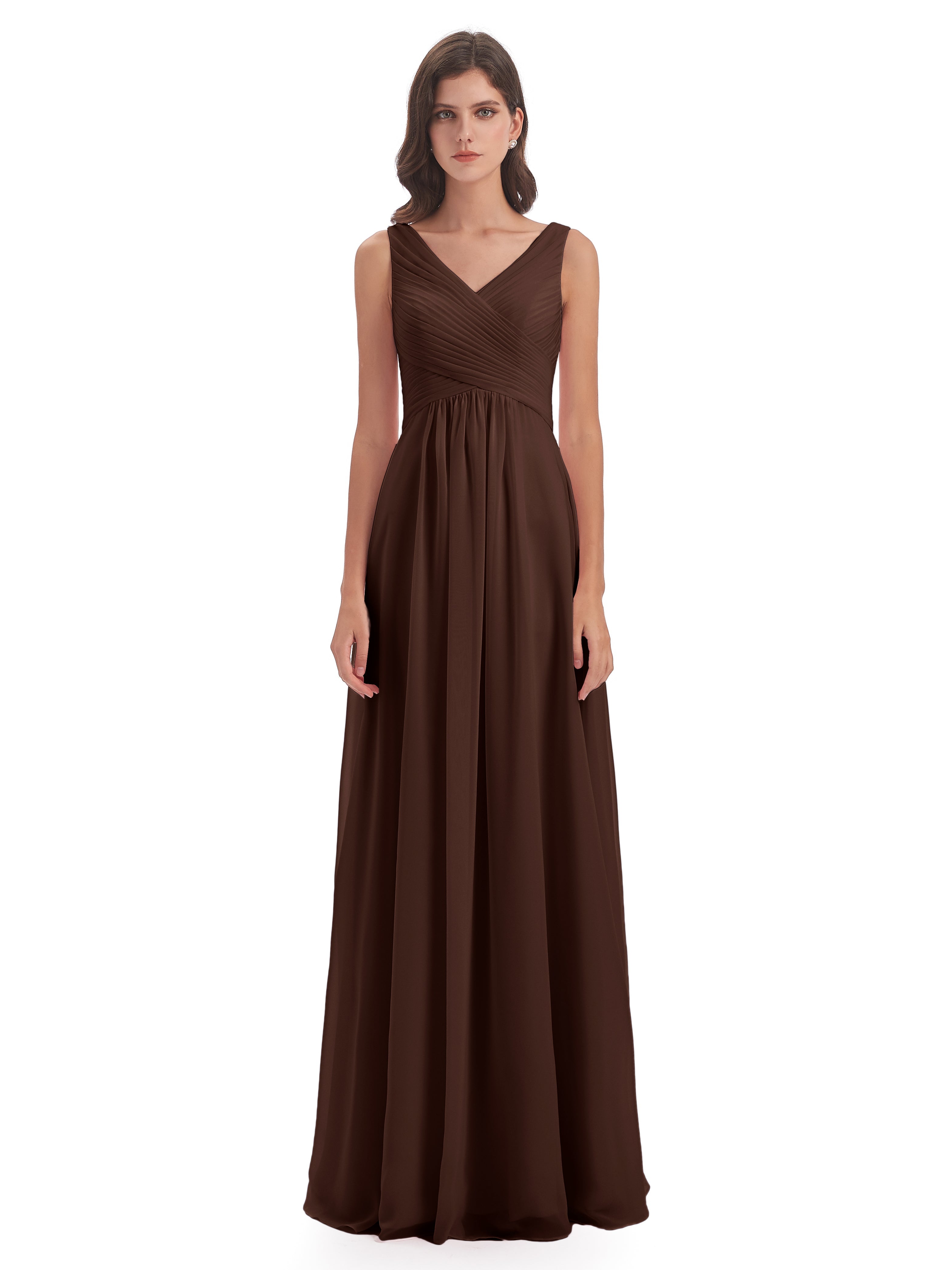 Robes De Demoiselle D'Honneur En Chocolat Col V Bretelle Mousseline Robes Demoiselle D'Honneur