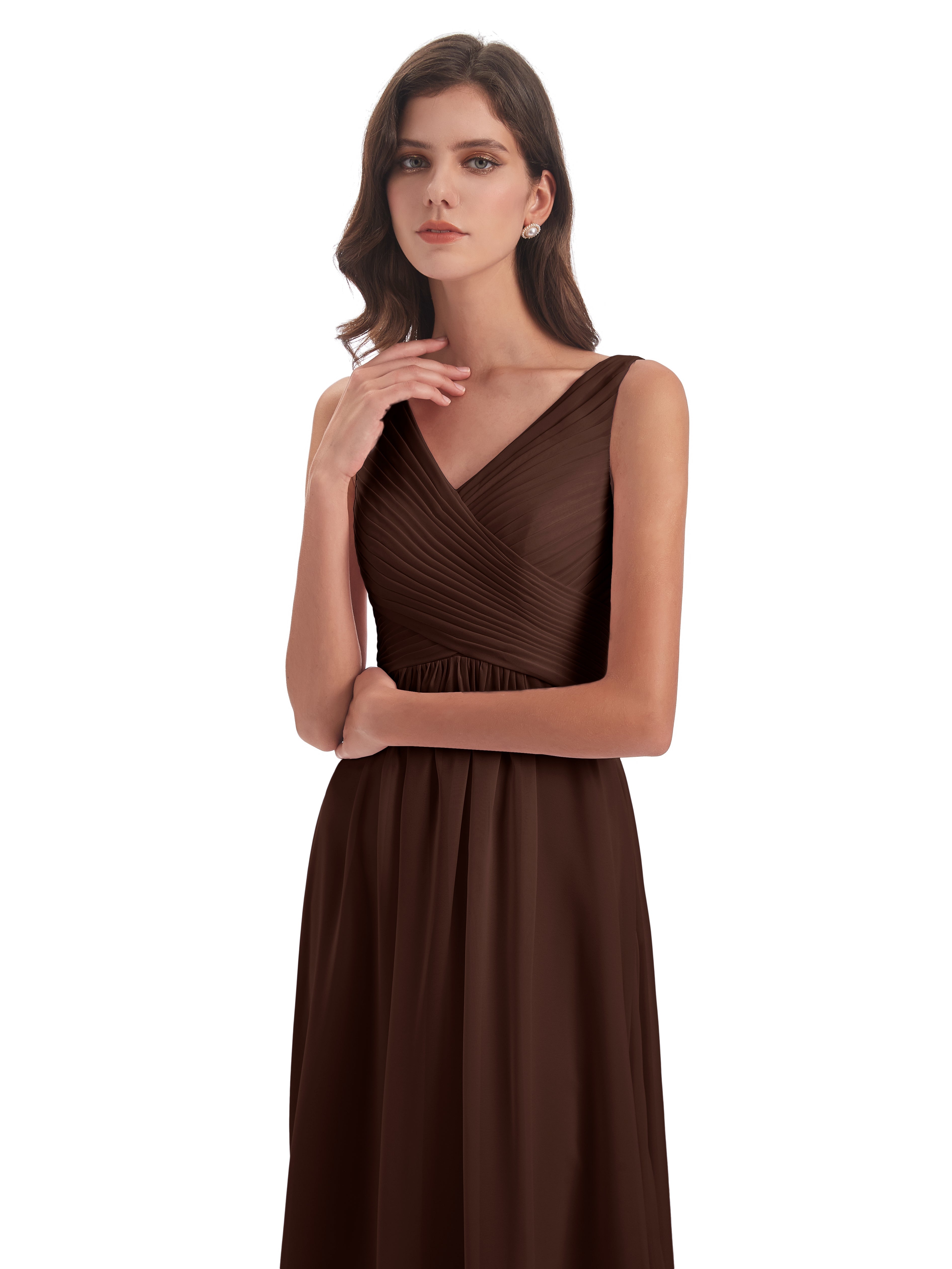 Robes De Demoiselle D'Honneur En Chocolat Col V Bretelle Mousseline Robes Demoiselle D'Honneur