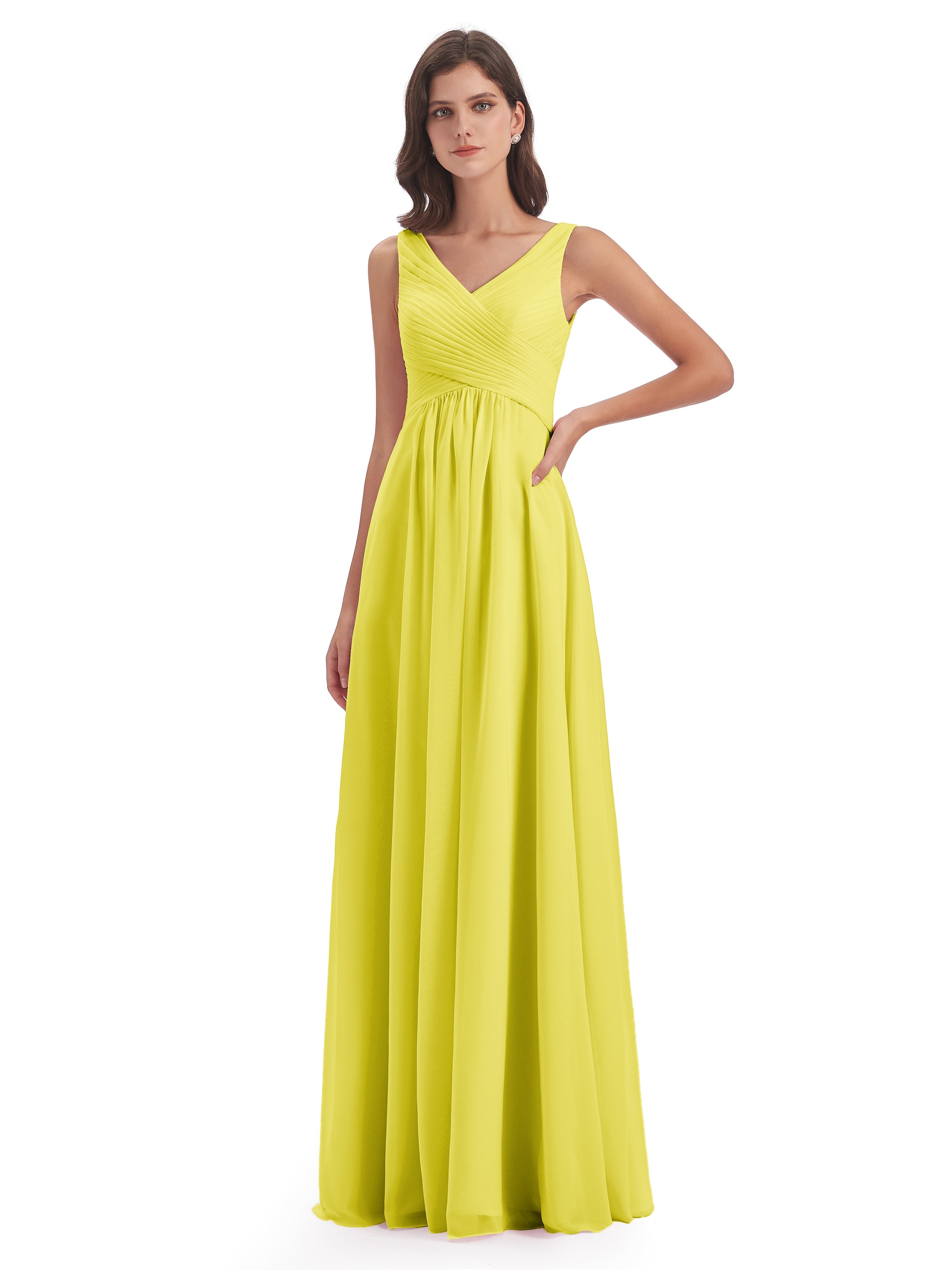 Robes De Demoiselle D'Honneur Citron Col V Bretelle Mousseline Robes Demoiselle D'Honneur
