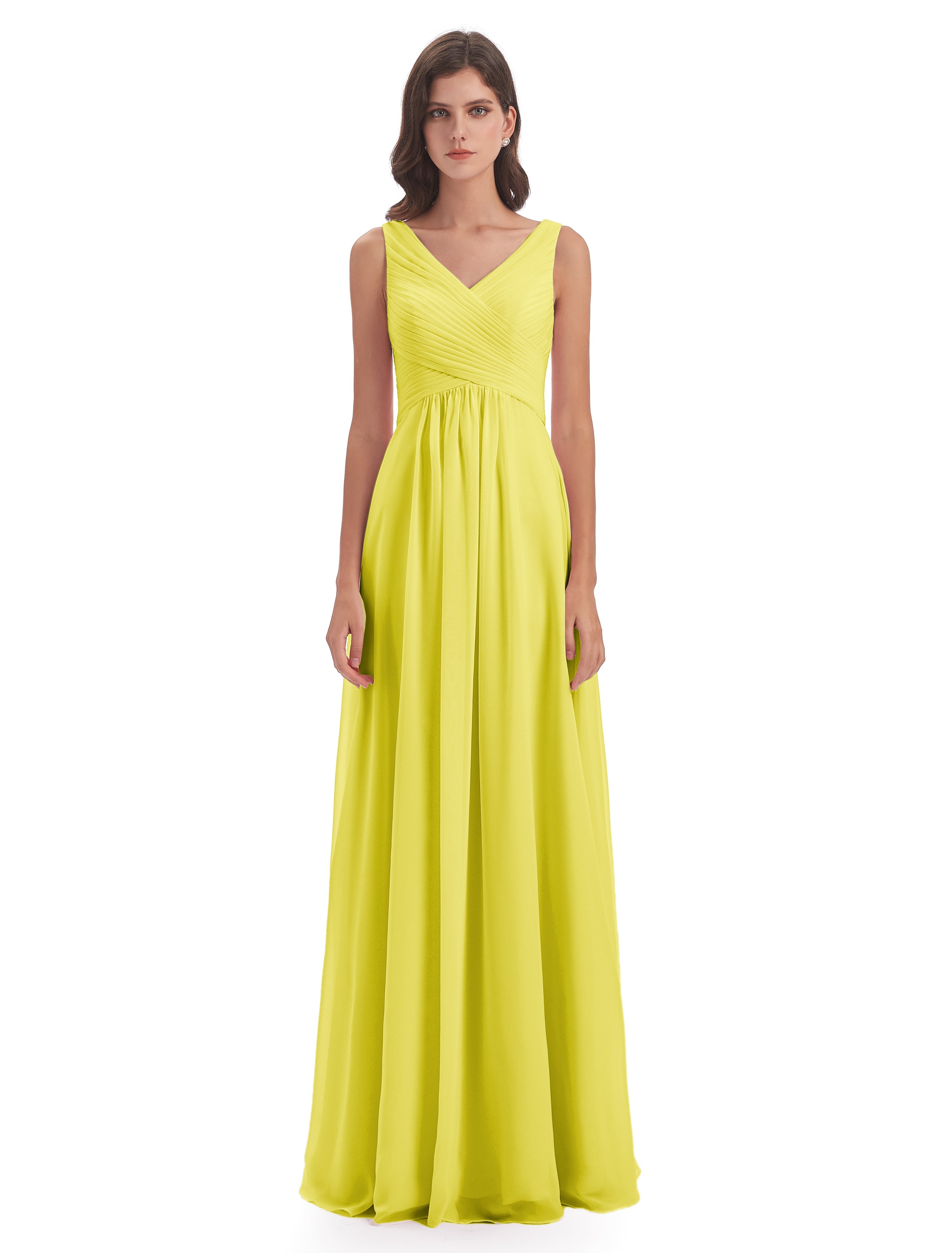 Robes De Demoiselle D'Honneur Citron Col V Bretelle Mousseline Robes Demoiselle D'Honneur