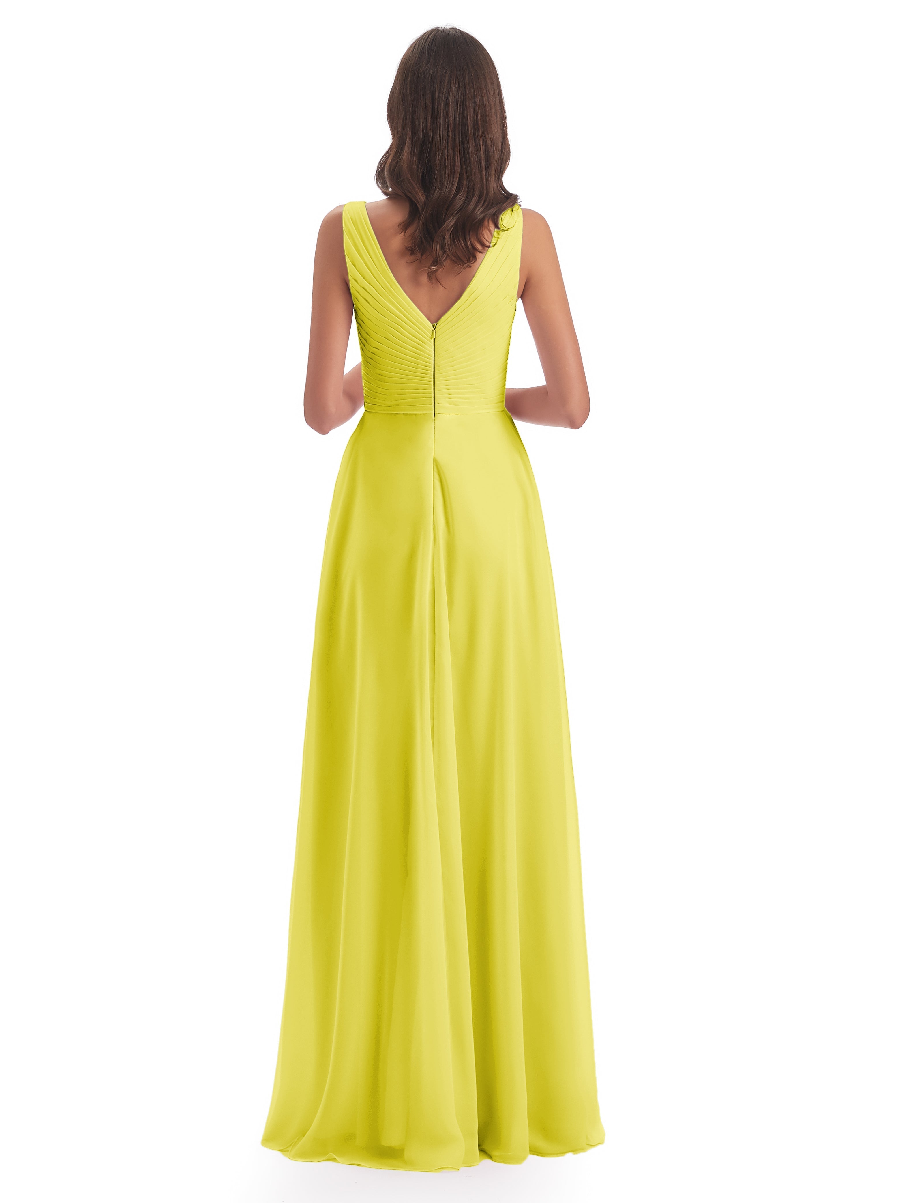 Robes De Demoiselle D'Honneur Citron Col V Bretelle Mousseline Robes Demoiselle D'Honneur
