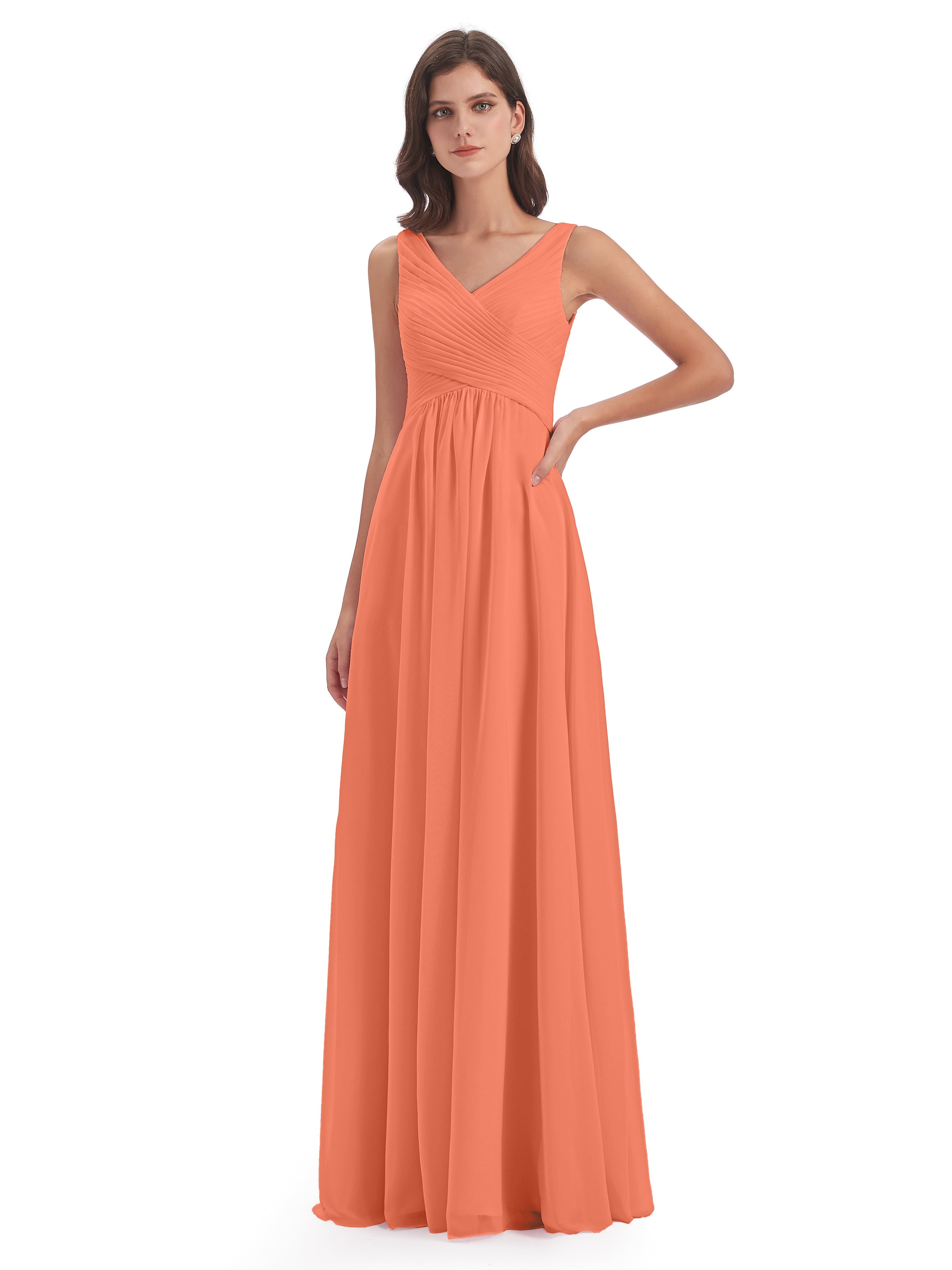 Robes De Demoiselle D'Honneur Coucher De Soleil Col V Bretelle Mousseline Robes Demoiselle D'Honneur