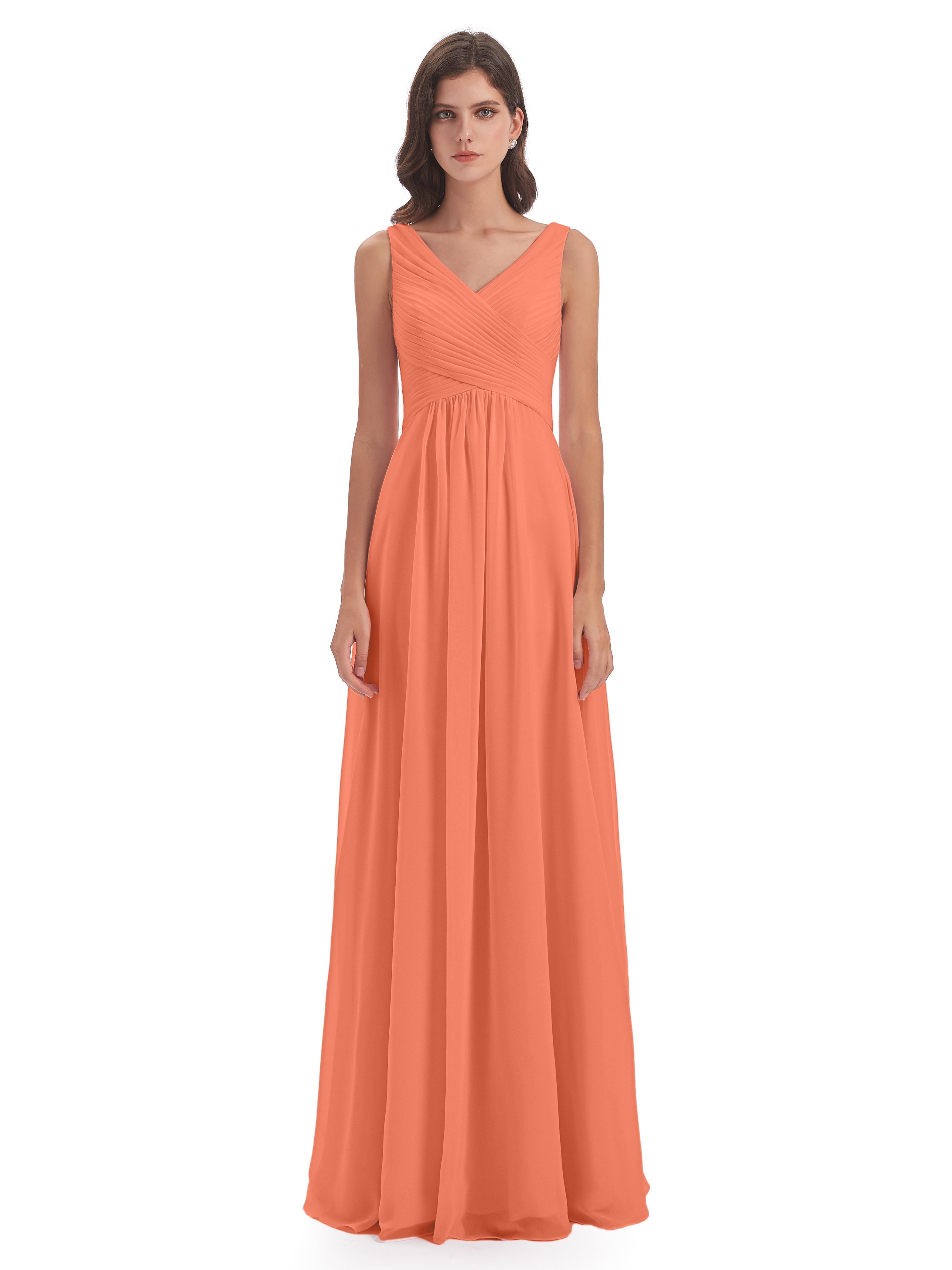 Robes De Demoiselle D'Honneur Coucher De Soleil Col V Bretelle Mousseline Robes Demoiselle D'Honneur