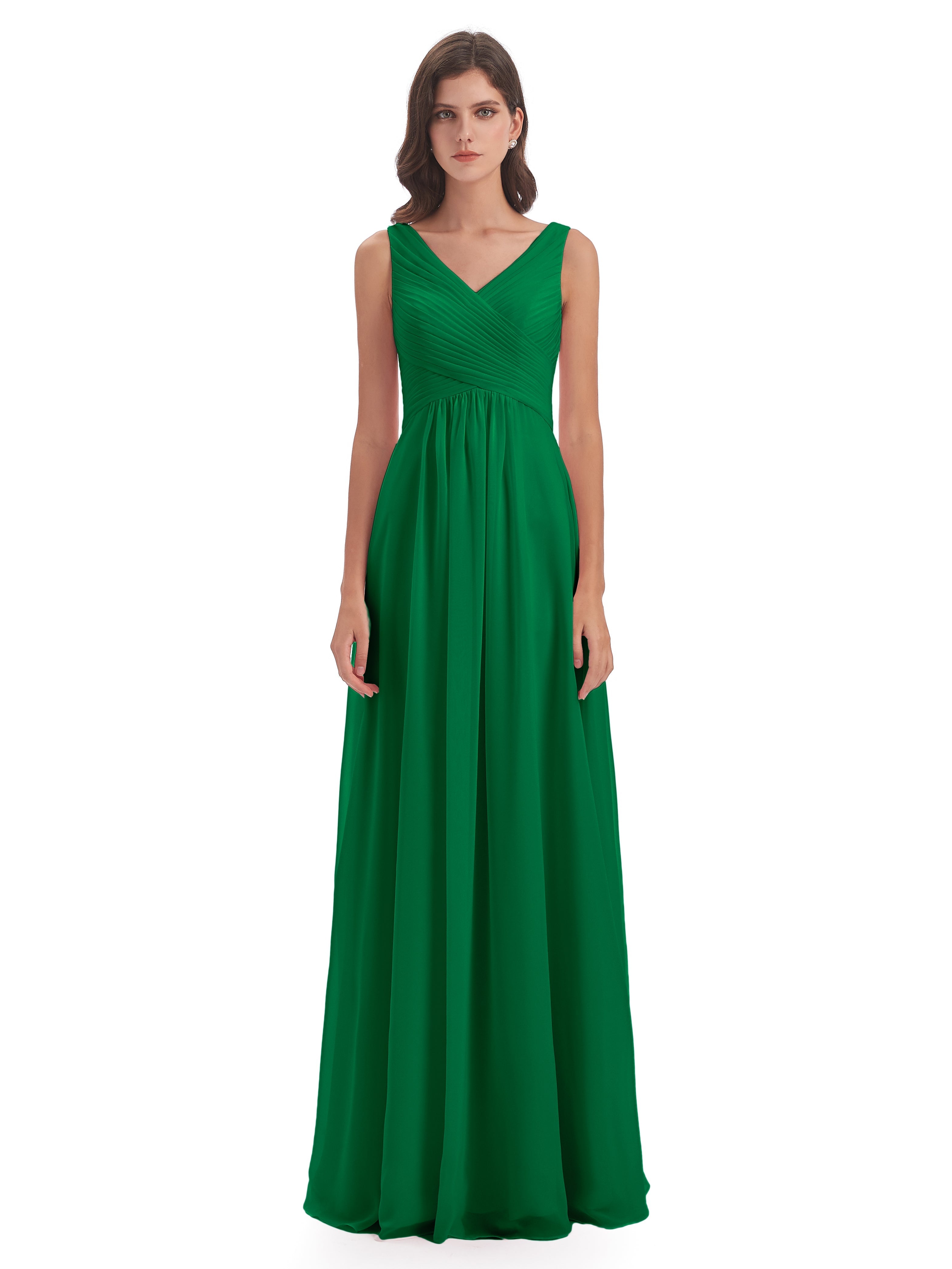 Robe Demoiselle D Honneur Vert Émeraude Col V Bretelle Mousseline Robes Demoiselle D'Honneur