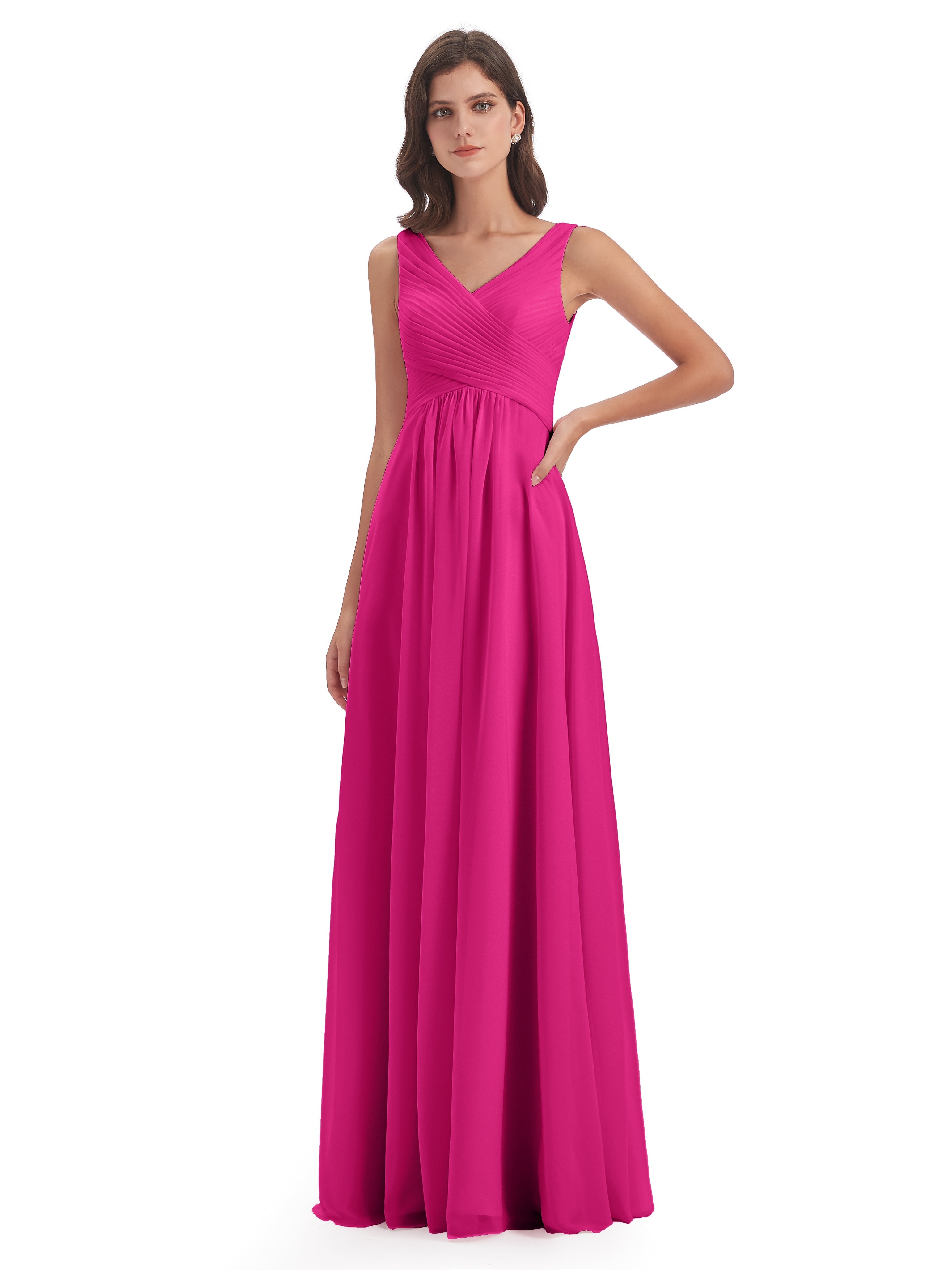 Robes De Demoiselle D'Honneur Couleur Fuchsia Rose Col V Bretelle Mousseline Robes Demoiselle D'Honneur