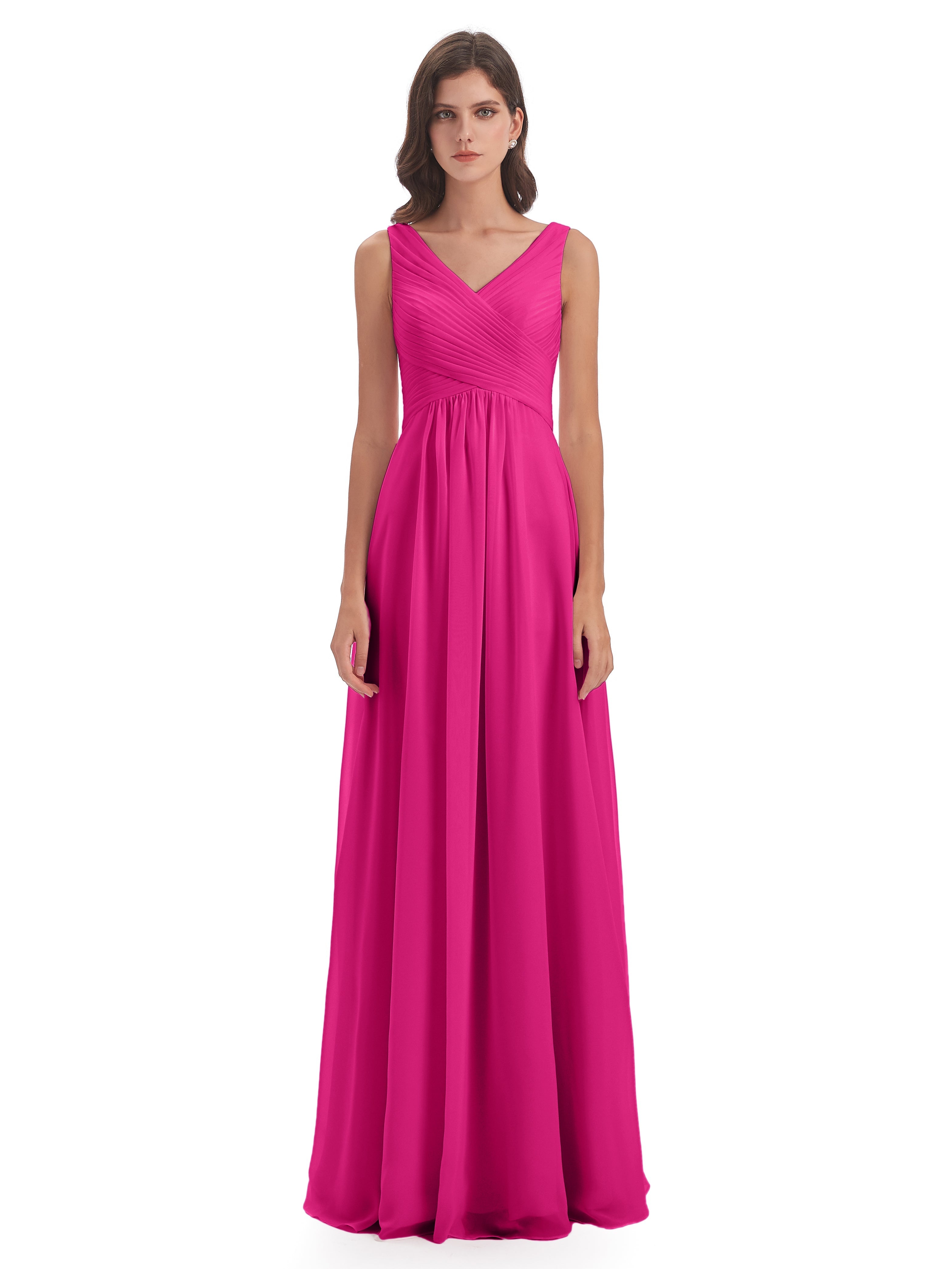 Robes De Demoiselle D'Honneur Couleur Fuchsia Rose Col V Bretelle Mousseline Robes Demoiselle D'Honneur