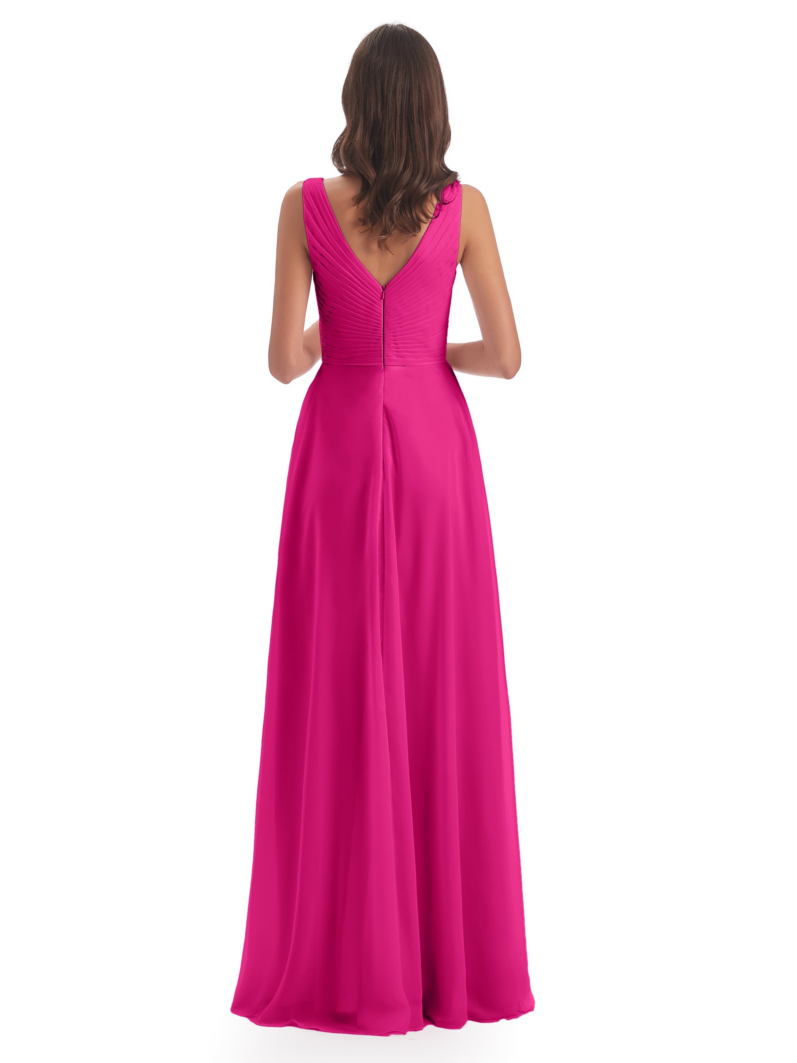 Robes De Demoiselle D'Honneur Couleur Fuchsia Rose Col V Bretelle Mousseline Robes Demoiselle D'Honneur