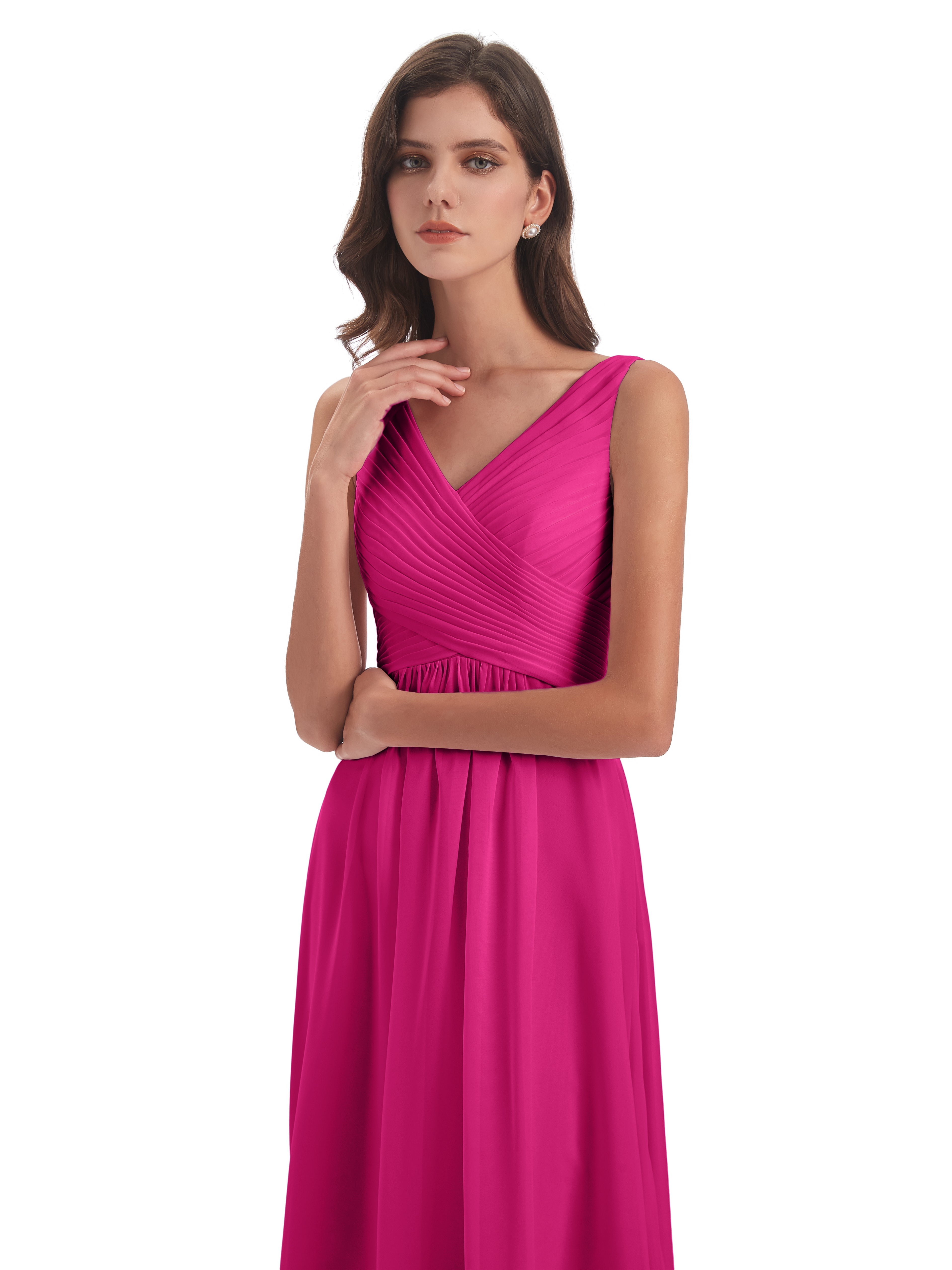 Robes De Demoiselle D'Honneur Couleur Fuchsia Rose Col V Bretelle Mousseline Robes Demoiselle D'Honneur