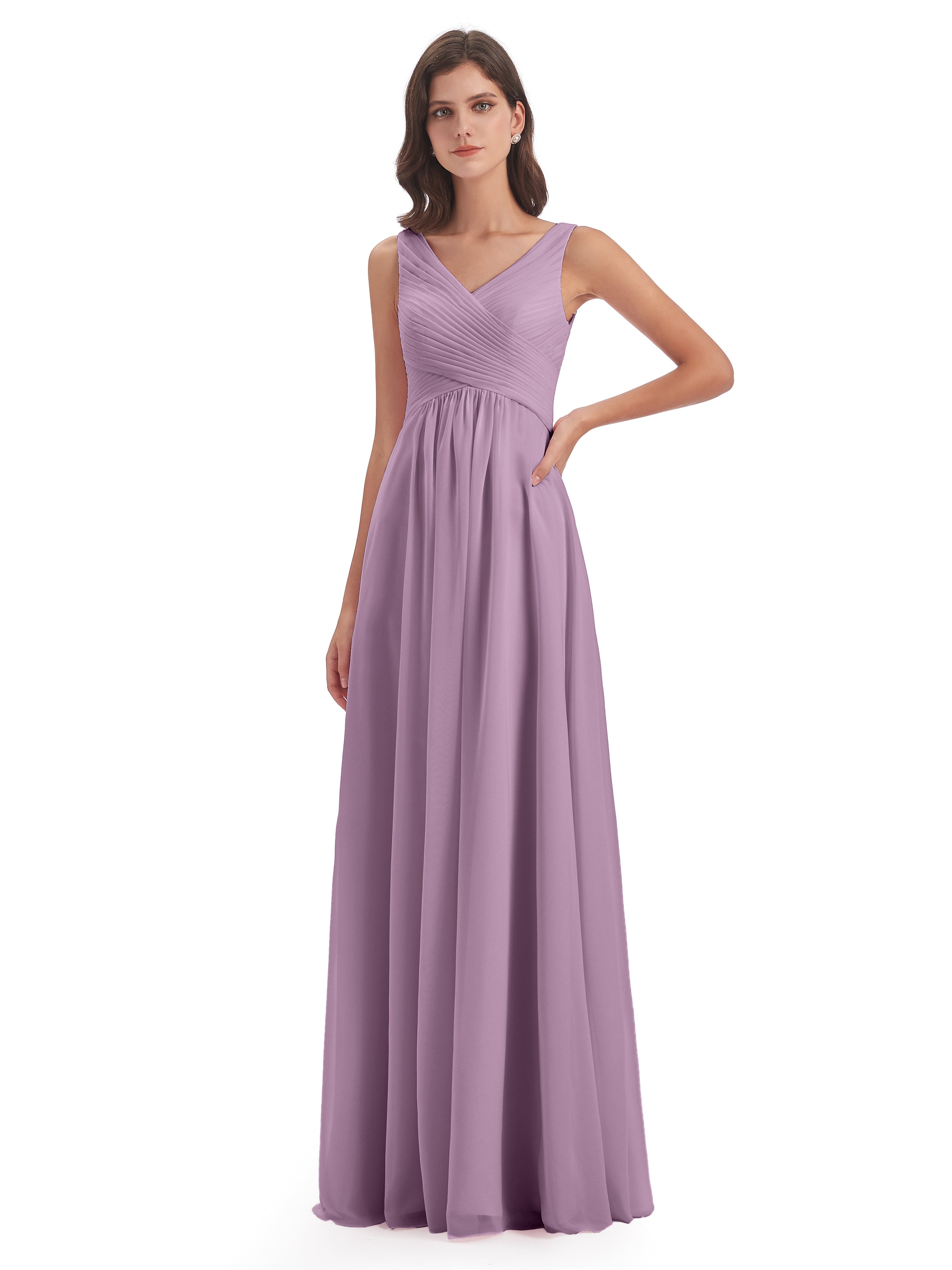 Robes De Demoiselle D'Honneur Glycine Col V Bretelle Mousseline Robes Demoiselle D'Honneur