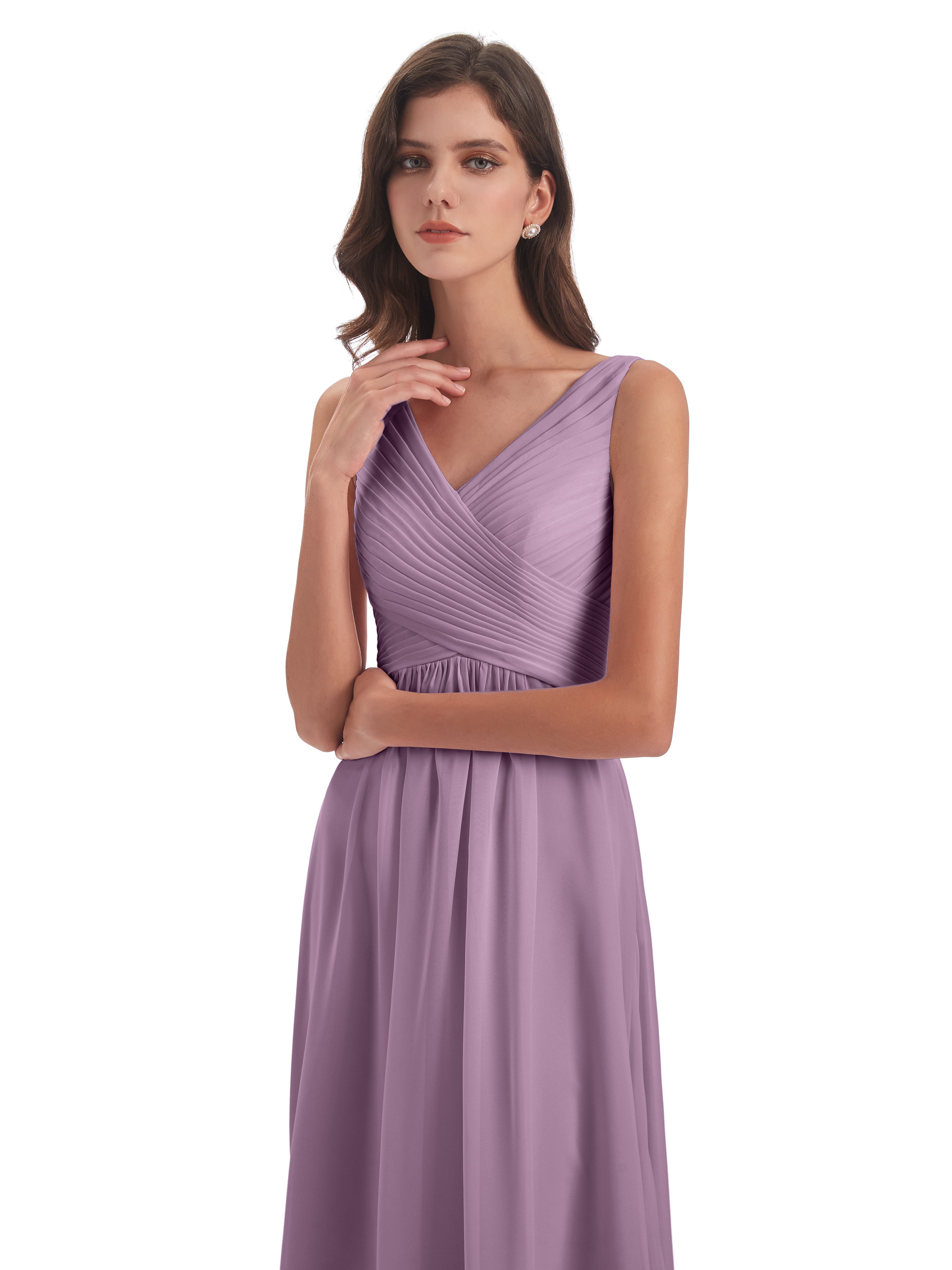 Robes De Demoiselle D'Honneur Glycine Col V Bretelle Mousseline Robes Demoiselle D'Honneur
