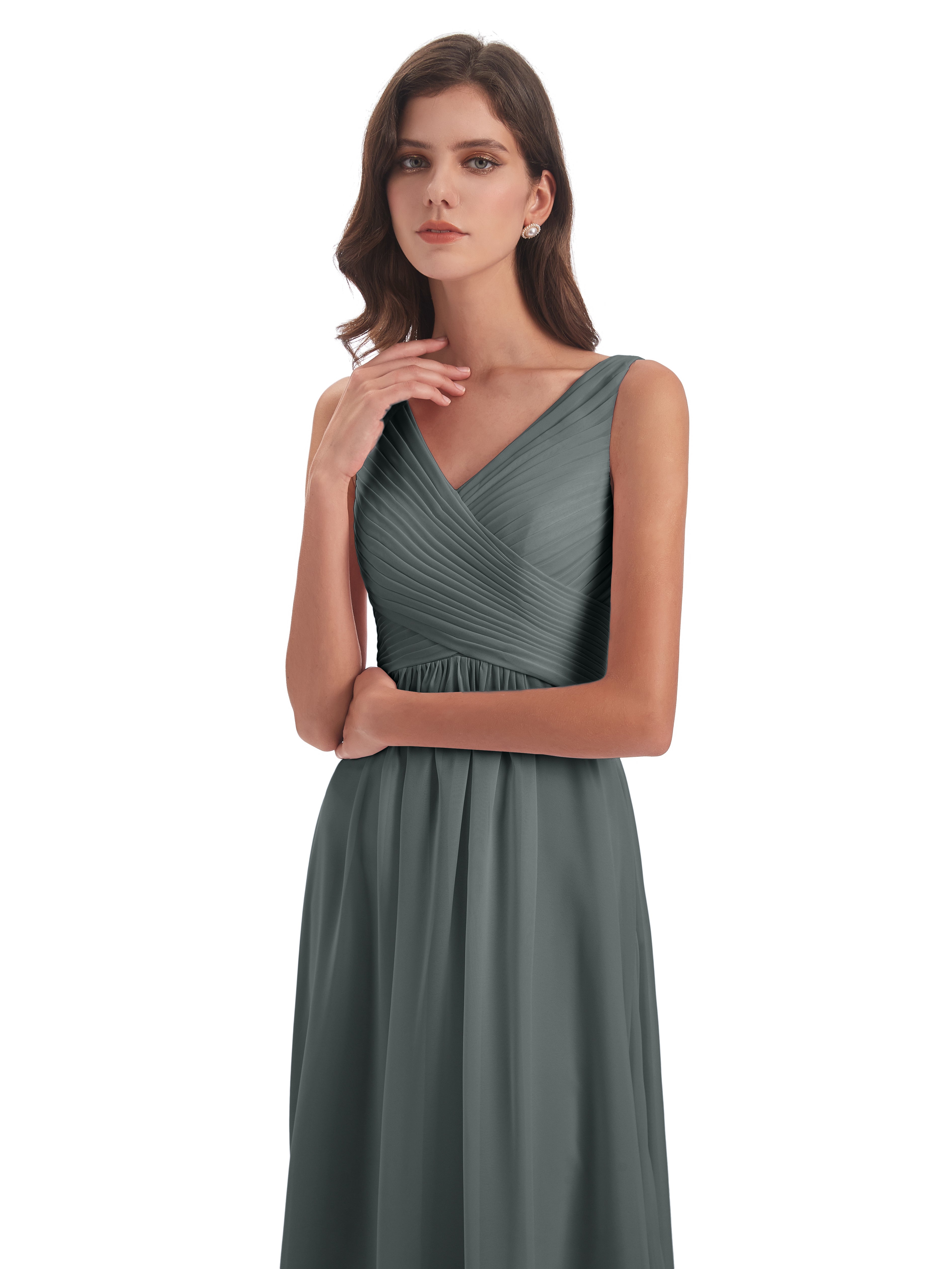 Robe Grise Demoiselle D Honneur Col V Bretelle Mousseline Robes Demoiselle D'Honneur