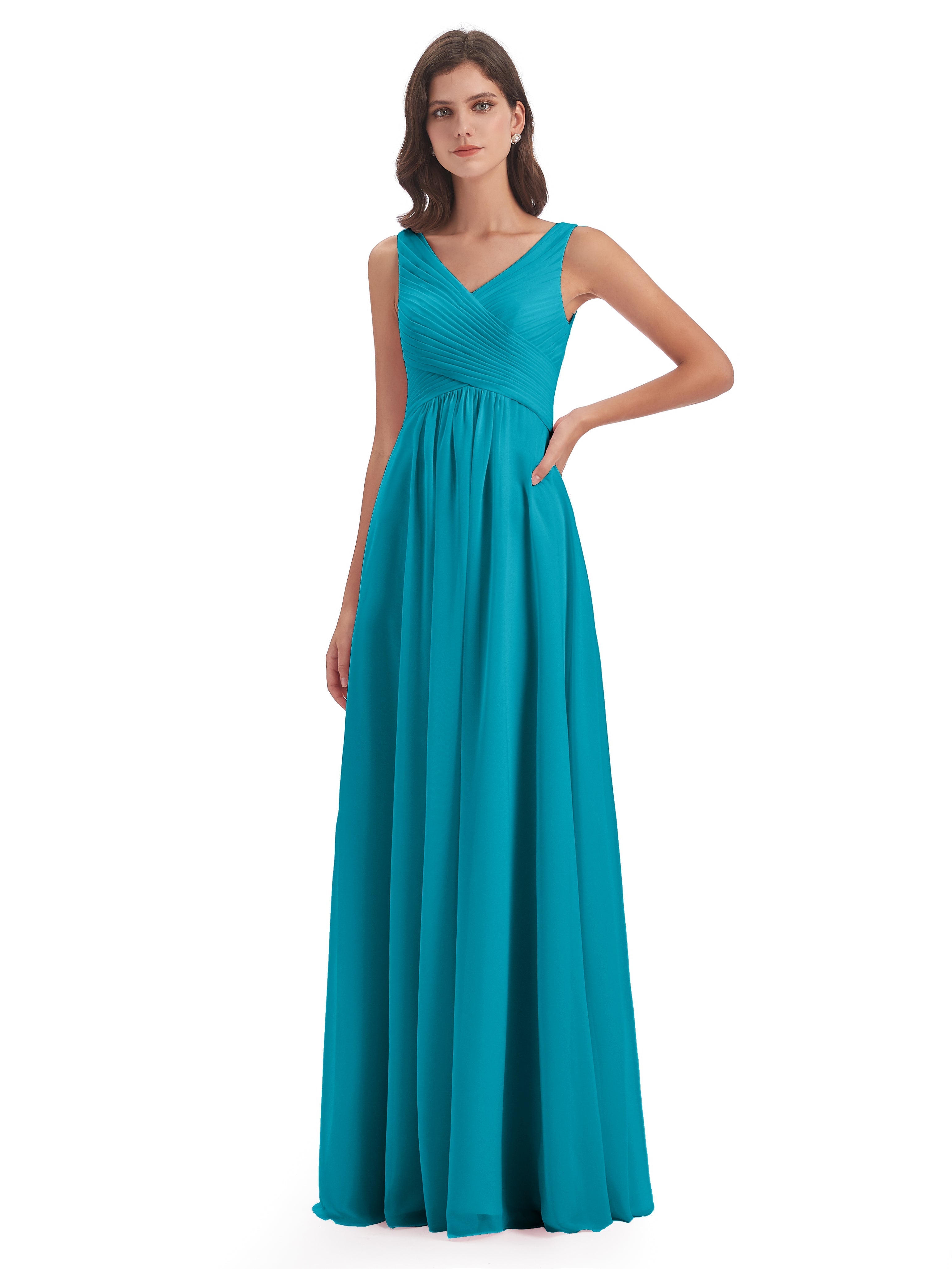 Robes De Demoiselle D'Honneur Vert Jade Col V Bretelle Mousseline Robes Demoiselle D'Honneur